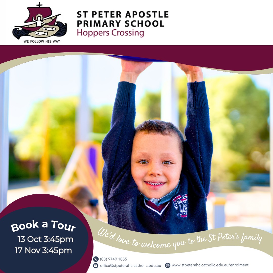 ❤️ Families at St Peter’s often speak about the strong sense of belonging they feel within our school community. From the classroom to the school gate, relationships matter and we work hard to make sure all families feel welcomed and included.
Come along to a school tour to get a sense of our culture and community. Tours will be held on the following dates for Prep 2026 and 2027:
🚌 Monday 13 October - at 3:45pm.
🚌 Monday 17 November - at 3:45pm.
Please book your tour via our school website.
#StPetersApostleHoppersCrossing #HoppersCrossing #StPetersPrimarySchool #EnrolNow #StPeters #PrimarySchool #CatholicsEducation # LearnRelateLive