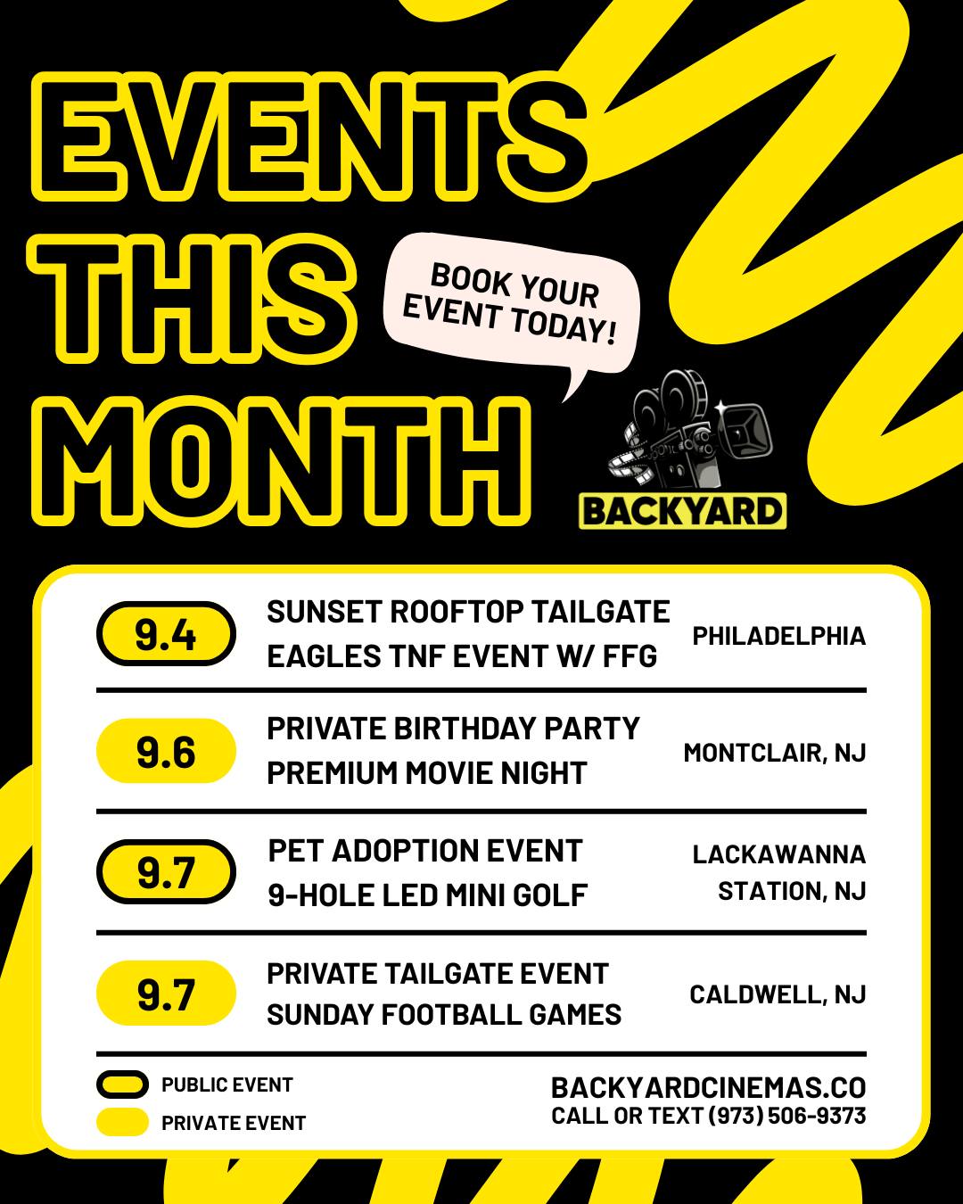 📆 Big things are happening this September – here’s where you’ll find us!
🎬 9/4: Sunset Rooftop Tailgate w/ @ffgphilly – Philadelphia, PA
🎬 9/6: Premium Movie Night Private Birthday Party – Montclair, NJ
🎬 9/7: Pet Adoption Event + 9-Hole LED Mini Golf – Lackawanna Station, NJ
🎬 9/7: Private Tailgate Event – Caldwell, NJ
Hosting your own event? Let’s make it happen!
📲 backyardcinemas.co | (973) 506-9373
#BackyardCinemas #NJEvents #MovieNightVibes #OutdoorMovies #FamilyFun #Philadelphia #MontclairNJ #CaldwellNJ