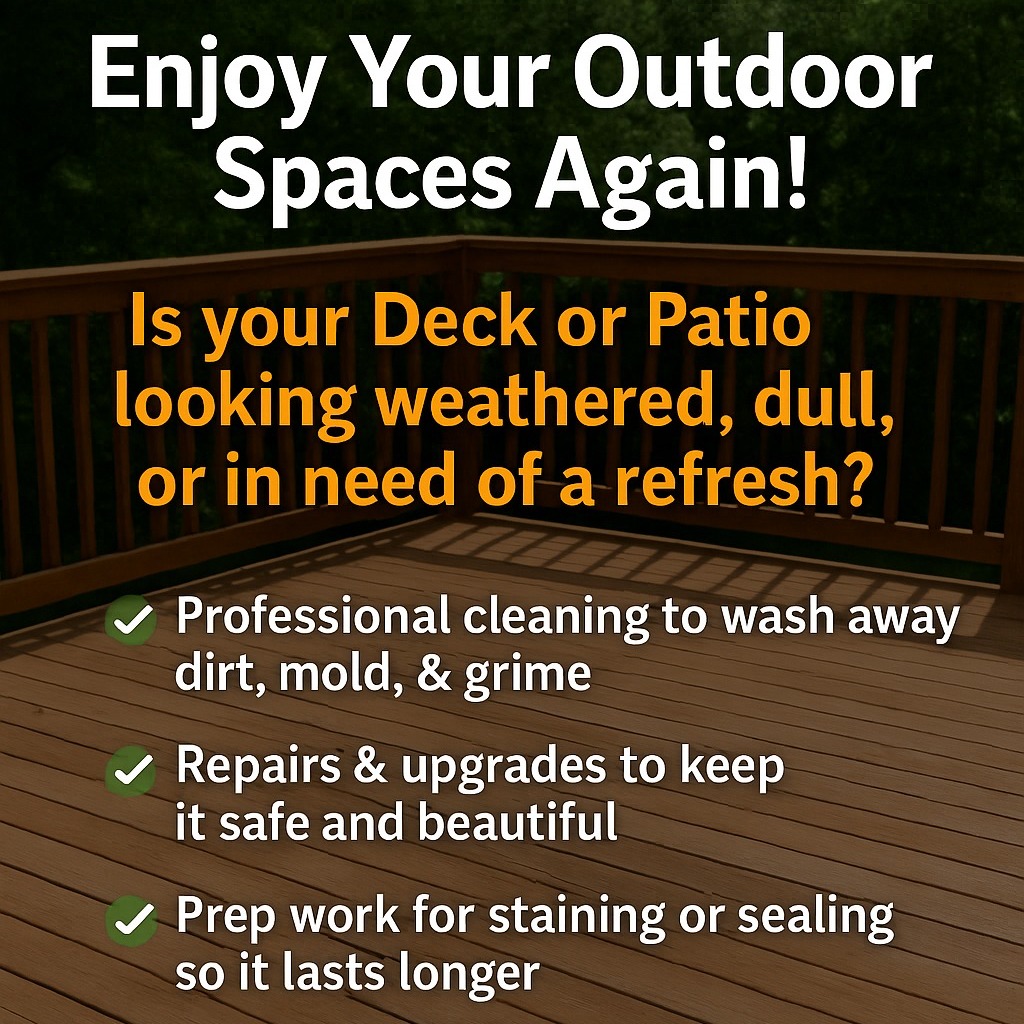☀️🏡 Enjoy Your Outdoor Spaces Again! 🏡☀️
Is your deck or patio looking weathered, dull, or in need of a refresh? Girard’s House Wash & Handyman can bring it back to life! 🌿✨
✔️ Professional cleaning to wash away dirt, mold, & grime
✔️ Repairs & upgrades to keep it safe and beautiful
✔️ Prep work for staining or sealing so it lasts longer
Turn your deck or patio into the perfect spot for backyard BBQs, morning coffee, or just relaxing in the fresh air. 🍔☕🌳
📩 Message us today to schedule your deck or patio project—let’s get your outdoor space looking its best!
#GirardsHouseWash #DeckCleaning #PatioRefresh #CurbAppeal #HomeImprovement #OutdoorLiving #YardGoals