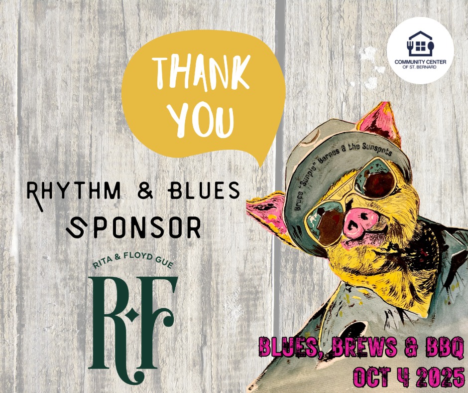 🎉 Sponsor Spotlight! 🎉
We are incredibly grateful to Rita & Floyd Gue for their generous sponsorship of our 2025 Blues, Brews, & BBQ event! 💙🍻🔥
Thanks to their support, we’re one step closer to our mission of fighting food insecurity right here in St. Bernard Parish. Every dollar they’ve contributed goes directly toward providing food for our pantry and weekend meals for students in need through the Backpack Program.
Together, we’re making a difference — one meal, one child, one community at a time. 🙌
Please join us in thanking Rita & Floyd Gue for standing with us in this important work! 💛
#BluesBrewsBBQ #ThankYouSponsor #StBernardStrong #BackpackProgram #FoodInsecurityEndsHere