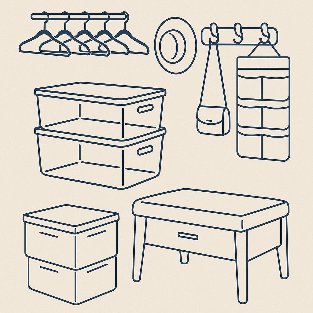 📦 Organizing Tips
Maximize Closet Space
Use slim velvet hangers, hanging shoe racks, and over-the-door organizers.
Clear storage bins keep seasonal clothes or extra linens tidy and accessible.
Furniture with Hidden Storage
Ottomans, benches, or beds with drawers double as storage solutions.
Ideal for keeping small apartments clutter-free.
Use Wall & Door Space
Hooks for coats, hats, and bags prevent pile-ups by the door.
Over-the-door racks in bathrooms are perfect for towels or toiletries.
Kitchen Organization Hacks
Magnetic strips for knives, stackable bins for pantry items, and lazy Susans in cabinets save space.
A rolling cart can be used as extra counter or bar space.
Declutter Regularly
Small spaces fill up fast. Rotate décor seasonally and donate items you don’t use to keep things fresh.