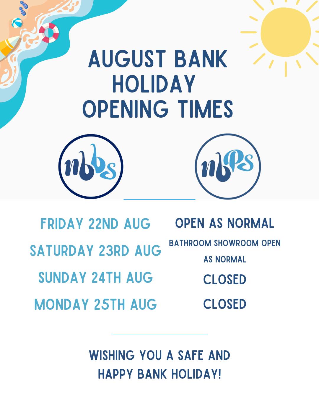 Please see our opening times for the August Bank Holiday. Wishing you a safe and happy Bank Holiday.
