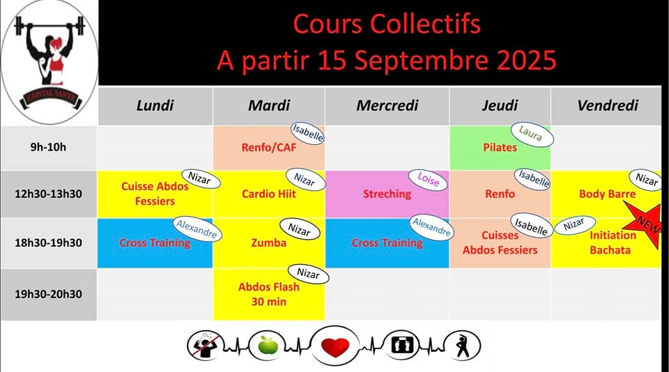 🔥 Nouvelle rentrée, nouvelle énergie ! 🔥
💪 Prêt(e) à transformer ta routine et dépasser tes limites ?
Ta salle de sport t’accueille avec des machines toutes neuves 🏋️♂️✨ pour booster tes entraînements et t’aider à atteindre tes objectifs plus vite que jamais !
🎉 Dès le 15 septembre, découvre notre nouveau programme de cours collectifs 🎶🕺 : Bachata, zumba, cardio, renfo, HIIT, stretching… Il y en a pour tous les goûts et tous les niveaux !
👉 Et le meilleur ? Ces cours sont inclus dans ton abonnement 🔥 (aucun frais supplémentaire).
⚡ Pourquoi nous rejoindre ?
✅ Machines dernière génération
✅ Cours collectifs motivants inclus
✅ Ambiance conviviale et énergie positive
✅ Un accompagnement pour rester motivé toute l’année
🌐 Pour consulter nos tarifs et plus d’infos : https://www.capitalsantecavaillon.com/
🚀 Rejoins la team dès maintenant et fais partie de ceux qui passent à l’action !
💥 Ici, on ne rêve pas de ses objectifs, on les réalise ! 💥
Capital Sante
484 Avenue saint baldou
84300 Cavaillon
04.90.78.02.33