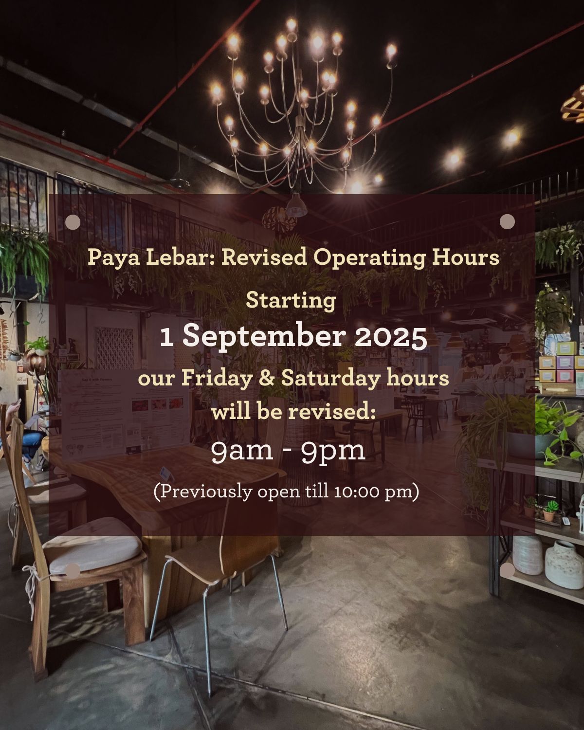 🌟 Important Update on Our Operating Hours! 🌟
Starting 1 September 2025, our Friday & Saturday hours will be revised:
🕘 New Hours: 9:00 AM – 9:00 PM (Previously open till 10:00 PM)
We appreciate your understanding and continued support 💐
We look forward to serving you! ✨ See you!