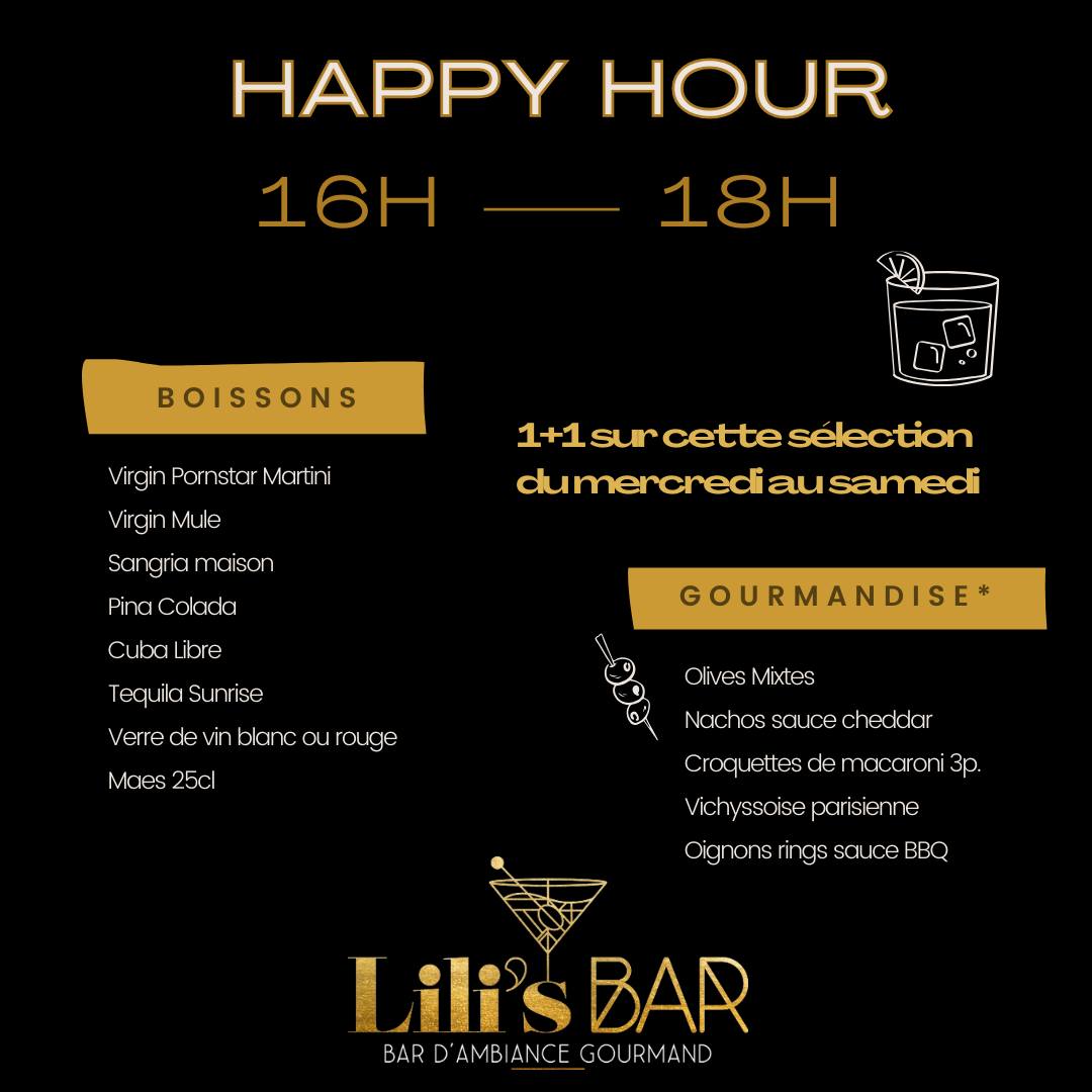 🔥 Hey l’épicurieux !
Déjà le stress de la rentrée ?
Pas de souci, viens te faire dorloter au Lili's Bar ! 🍸✨
On reprend nos bonnes habitudes : les Happy Hours sont de retour ! 🎉
👉Profite de notre offre exceptionnelle : 1+1 sur une sélection de boissons et tapas, tous les jours, de 16h à 18h.
Ça claque, non ?
Prends ta dose de plaisir, de vibes et de saveurs. Viens nous niquer la routine ! 💣
#HappyHours #LilisBar #RentréeGourmande #BonheurEnDouble #RentréeKickée