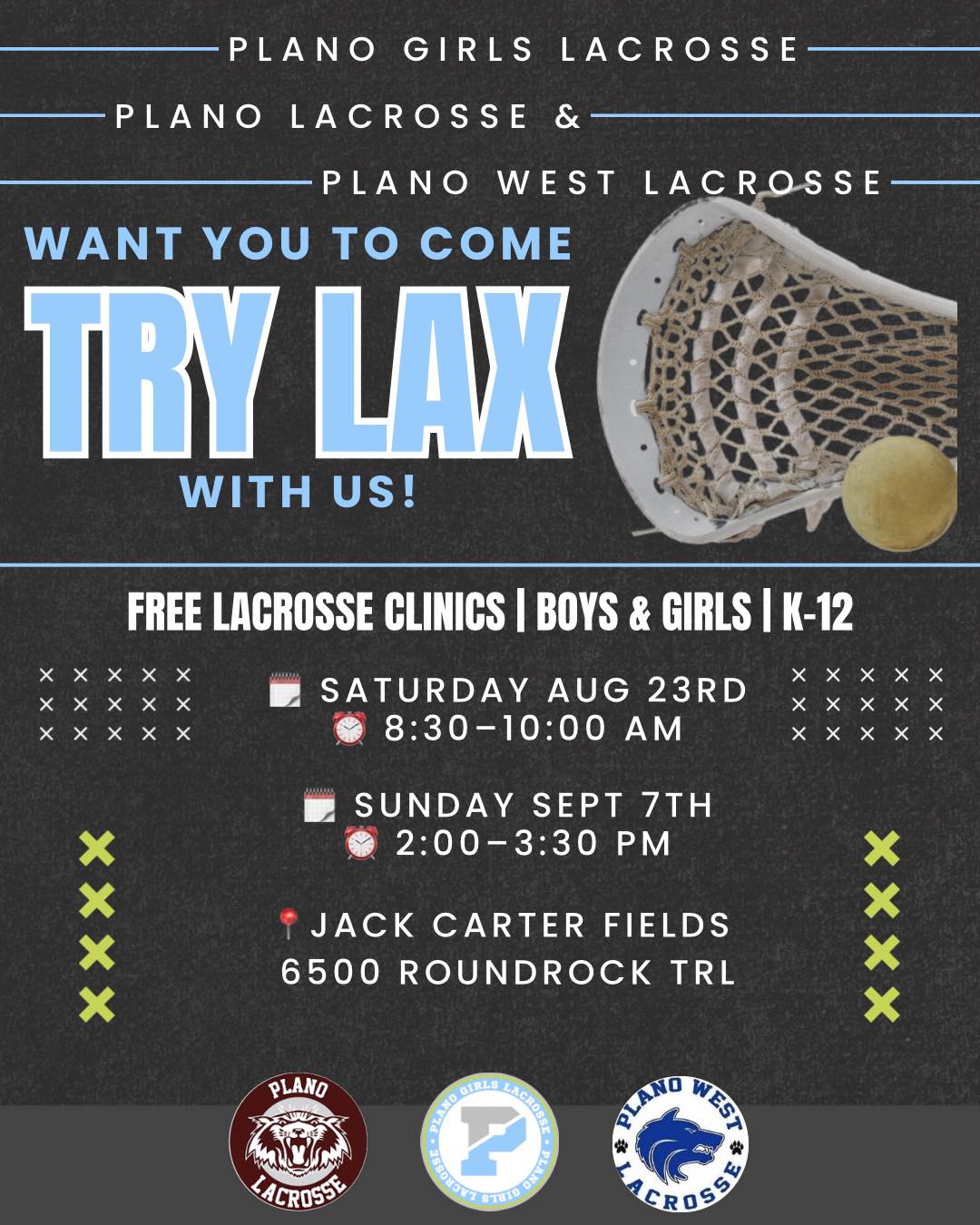 🥍 LEARN TO PLAY LACROSSE Days 🥍
Excited to partner with Plano West Lacrosse and Plano Lacrosse for another great clinic! Bring your water, bring a friend, and get ready for more lacrosse fun! 🥍
🗓️ Saturday, August 23rd
📍 Jack Carter Fields
⏰ 8-10AM
🗓️ Sunday, September 7th
📍 Jack Carter Fields
⏰ 2-3:30PM
#planogirlslax #laxlife #letsgo #planotx #trylax #FreeLacrosseClinic #GrowTheGame #YouthLacrosse