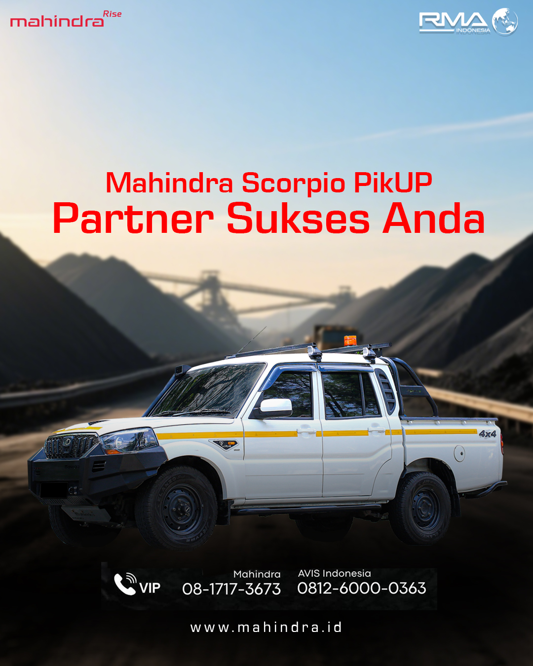 Mahindra Scorpio PikUp siap jadi andalan operasional di lapangan. Tangguh, efisien, dan terpercaya untuk setiap kebutuhan fleet bisnis Anda.
.
.
.
#MahindraScorpio #PikUpKeren #MahindraIndonesia #YourPartnerInSuccess #RMAIndonesia #mahindra4x4 #mining #plantation #farming #miningindonesia #minerals #coal #tambang #sobatenergi #ESDM #miningexpo #agriculture #agriculturelife #tipsandtrick #pertanian #perkebunan #pertambangan #fleet #fleetrental #rentalfleet #pickuprental