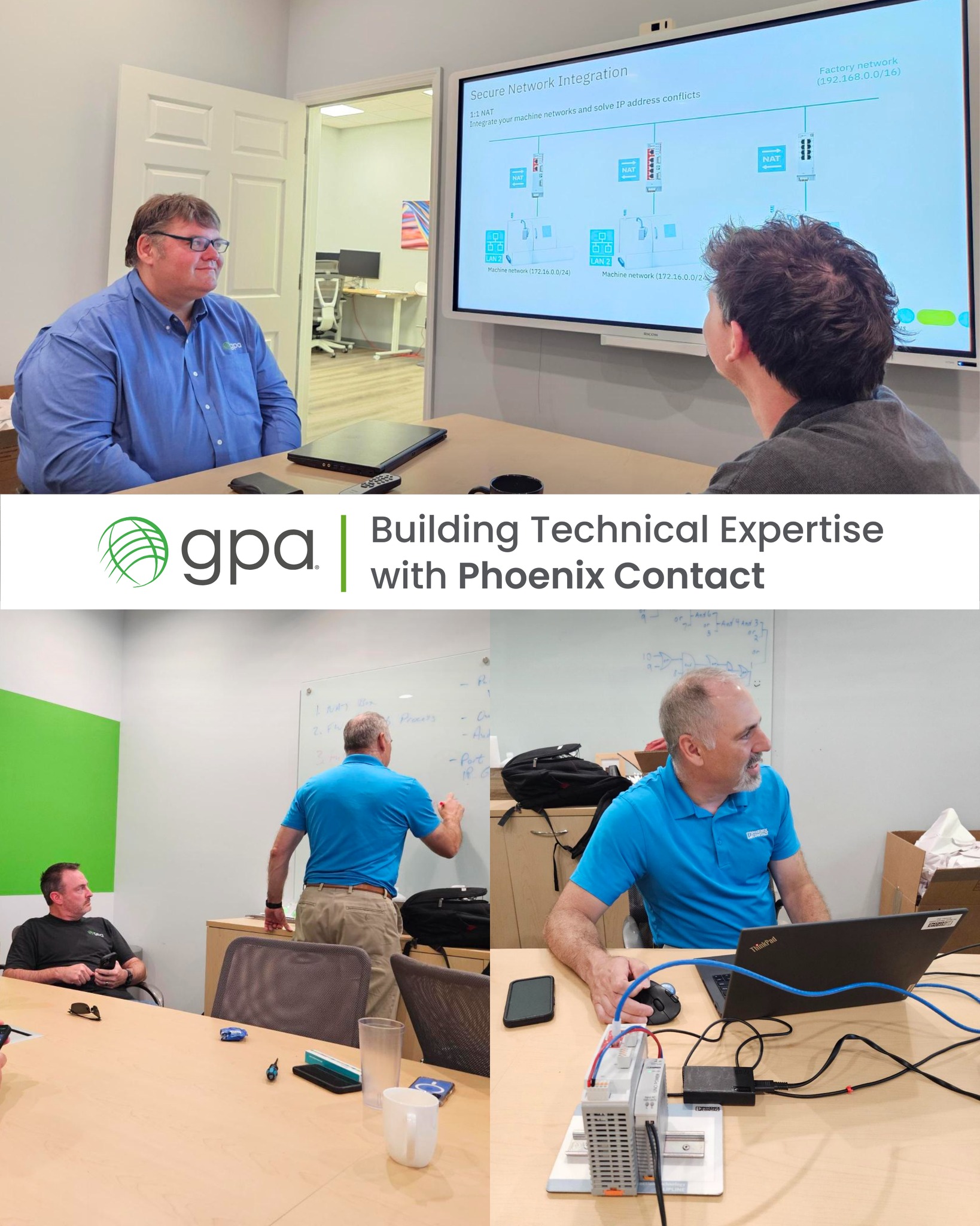 Phoenix Contact returned to GPA headquarters in Wilmington, NC for an advanced training session with our OT Infrastructure team.
This in-depth program centered on the Phoenix Contact MGuard firewall product line, covering multiple models, advanced features, and the critical role these solutions play in industrial cybersecurity.
Our team gained valuable hands-on experience in:
✔ Configuring MGuard firewalls using industry best practices
✔ Applying real-world deployment scenarios
✔ Addressing key use cases for securing OT environments
By strengthening our expertise, GPA’s OT Infrastructure team is even better equipped to help clients safeguard operational technology networks and protect critical systems from evolving cyber threats.
Thank you to Dan Schaffer and John W. Finta from Phoenix Contact for sharing your expertise!
#Cybersecurity #OperationalTechnology #IndustrialCybersecurity #MGuard #PhoenixContact #OTSecurity #NetworkSecurity #OTInfrastructure #CriticalInfrastructure #IndustrialAutomation