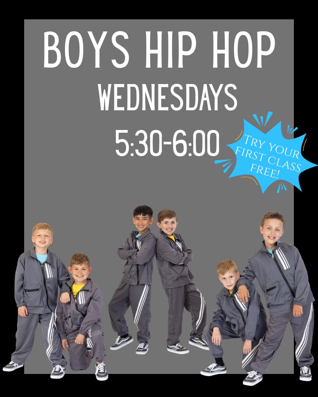 Looking for a high-energy class just for boys? Our boy's hip hop class builds confidence, rhythm, and teamwork! Sign up and get your first class free!👟💥