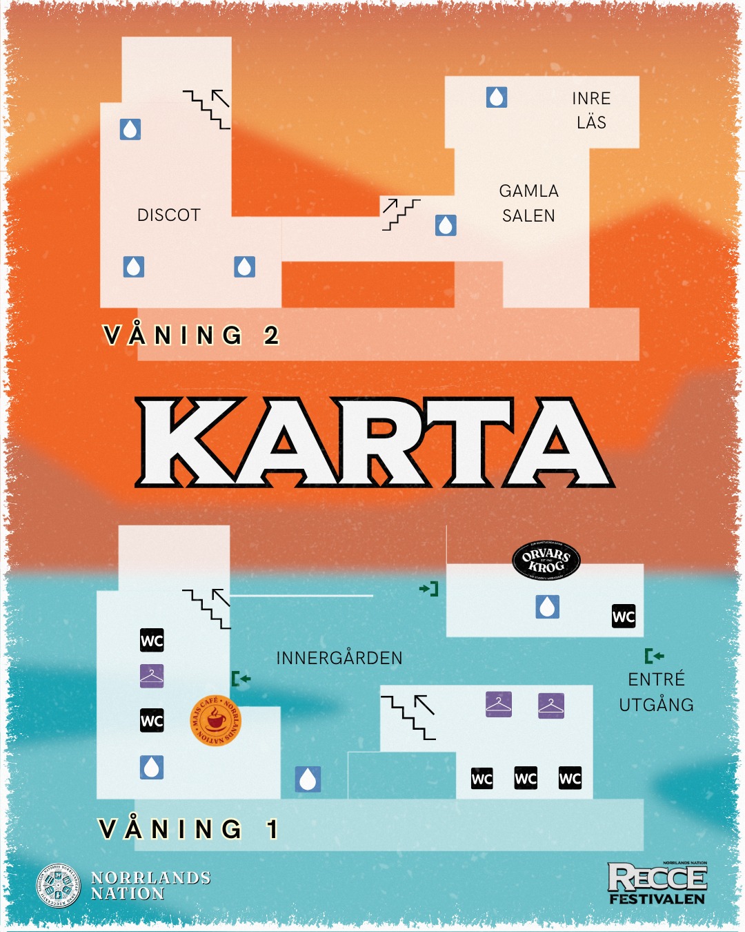 KARTA ÖVER FESTIVALOMRÅDET VECKA 37
Imorgon drar andra veckan av Reccefestivalen igång, och denna gång är hela huset öppet 20-02 från torsdag till lördag!
Live-artisterna spelar i Gamla salen på övervåningen. De andra dansgolven är i Discot och Innergården, där några av festivalens DJ:s spelar.
På bilden ser du var toaletter, vattenstationer och garderob finns. Flest toaletter hittar du i Majs café och i Gamla trapphallen.
I Inre läs kommer aktivitetsrummet hålla öppet under alla festivaldagar 21-02.
Självklart kommer Orvars krog hålla öppet torsdag 17-01, fredag 14-01 och lördag 15-01 som vanligt.
Vi ses imorgon!
___
MAP OF THE FESTIVAL AREA WEEK 37
Tomorrow marks the start of the second week of the Reccefestival, and this time the entire building will be open 20-02 from Thursday to Saturday!
Live acts will be performing in Gamla salen on the upper floor. The other dance floors are in Discot and Innergården, where some of the festival's DJs will be playing.
The picture shows where the toilets, water stations and wardrobes are located. Most toilets can be found in Majs café and in the Gamla Staircase Hall.
In Inre läs, the activity room will be open every festival day 21-02.
Of course, Orvars krog will be open Thursday 17-01, Friday 14-01, and Saturday 15-01, as usual.
See you tomorrow!