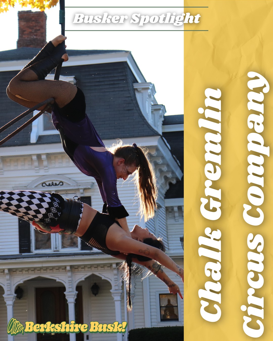 Busker Spotlight:
Chalk Gremlin Circus Company!
Chalk Gremlin Circus is a group of local mildly chaotic, but always entertaining circus artists. They specialize in aerial arts, but also love creating ground and flow acts to enhance their act.
🎪 Come see this group of circus artists perform LIVE this FRIDAY at the First Congregational Church starting at 6:30PM!