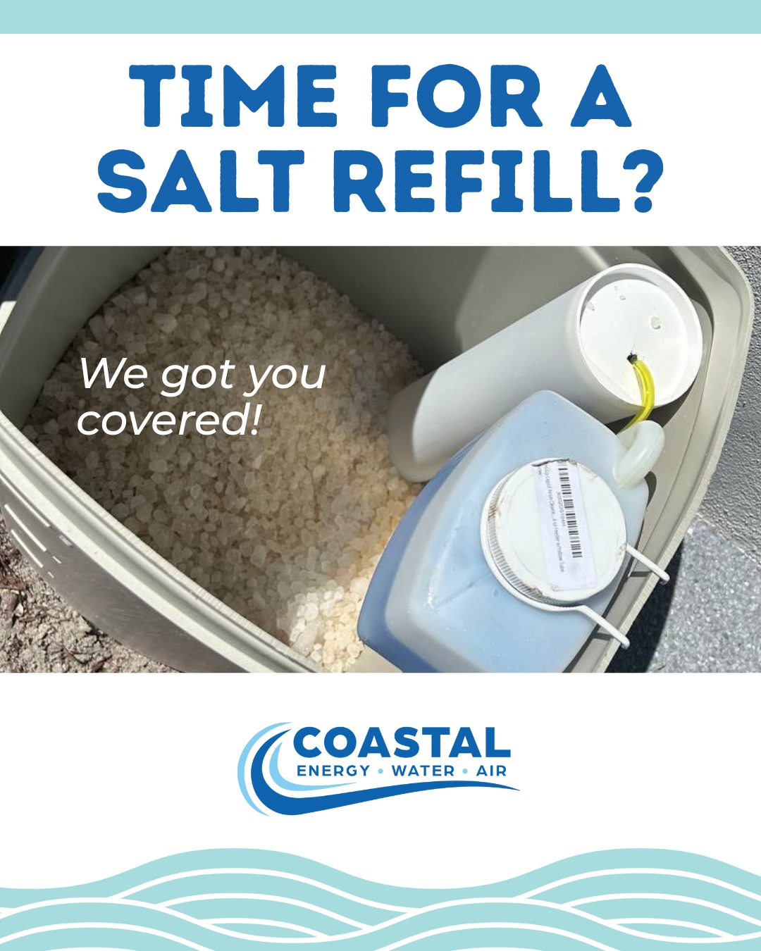 💧 Time for salt? We’ve got you covered!
Order now for easy pickup, home delivery, or join our convenient monthly delivery service and never run out again.
📞 Call us today at 954-333-3336 to place your order!
Coastal Energy Water & Air – making salt refills simple. 💙
#WaterSoftener #SaltDelivery #WaterFiltration #CleanWater #SouthFloridaLiving #PompanoBeach #coastalewa #filtersalt