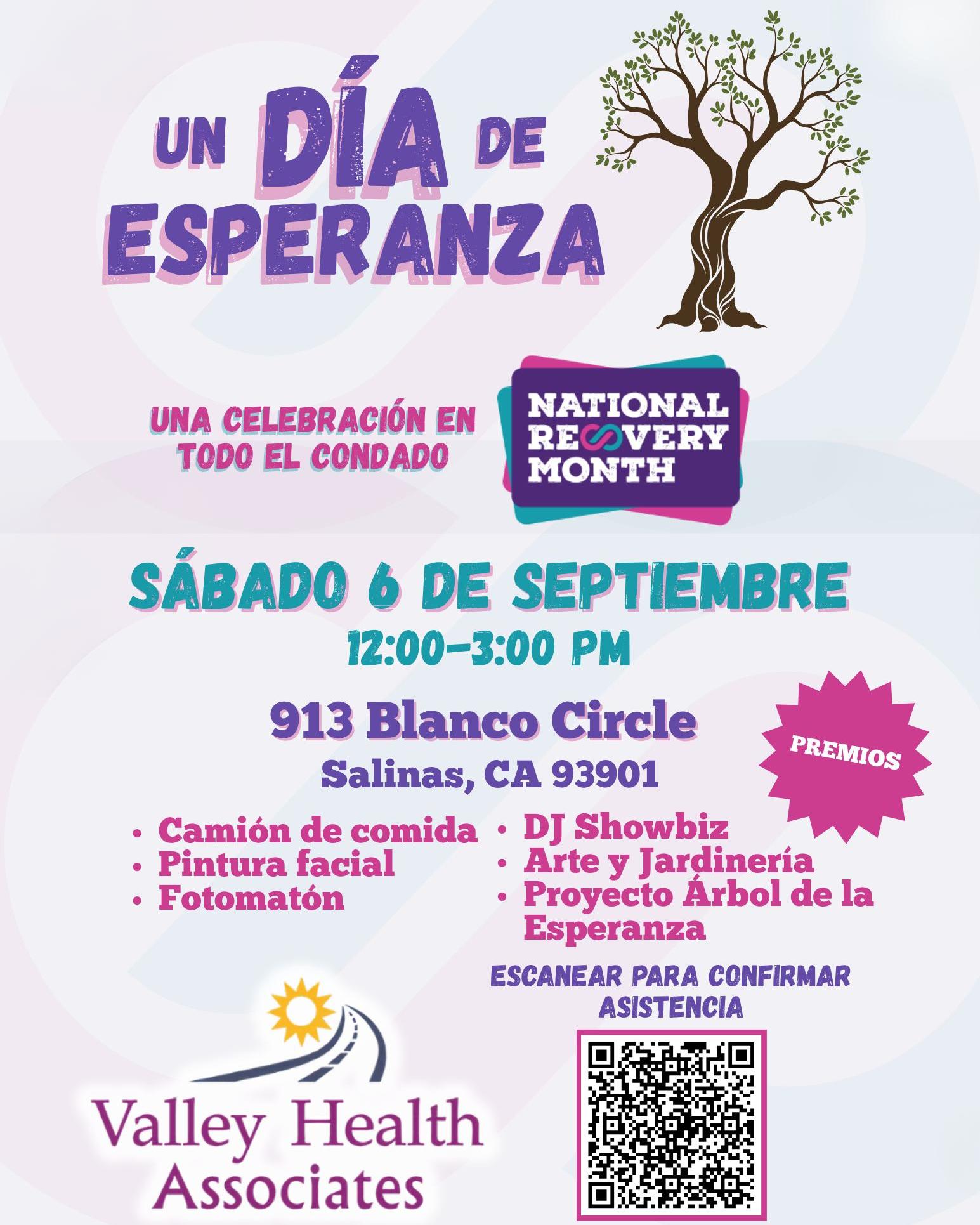 🌟 ¡Únete a nosotros en un Día de la Esperanza! 🌟
Nuestro evento celebra el Mes Nacional de la Recuperación en todo el condado, ¡lleno de comunidad, conexión y diversión! 💜
Este sábado 6 de septiembre, de 12:00 p. m. a 3:00 p. m., en 913 Blanco Circle, Salinas.
La esperanza crece con amor, cariño y apoyo. ✨
Confirma tu asistencia hoy mismo escaneando el código QR o haciendo clic en el enlace en el description.
#DíaDeLaEsperanza #MesNacionalDeLaRecuperación #ValleyHealthAssociates #LaRecuperaciónEsPosible