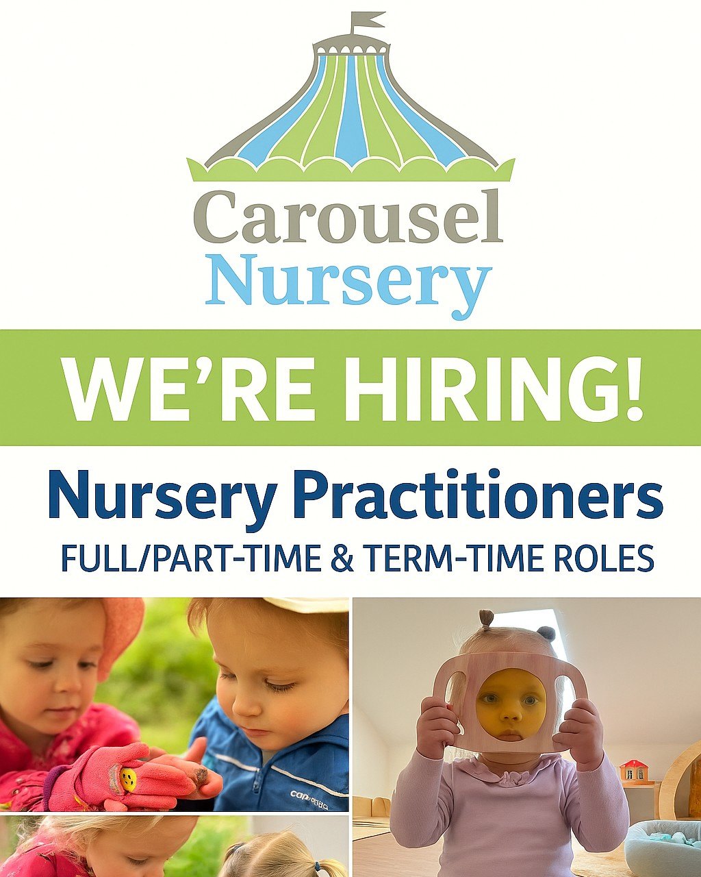 ๐ Join Our Carousel Nursery Team! ๐
Are you passionate about helping little ones learn, grow, and thrive?
At Carousel Nursery weโre looking for enthusiastic and caring team members to join us!
โจ Weโre recruiting:
โข Full-Time Nursery Practitioners
โข Part-Time Nursery Practitioners
โข Term-Time Only Roles Available
๐ถ What youโll be doing:
โข Supporting childrenโs learning and development through play and exploration.
โข Helping to create a safe, stimulating, and inclusive environment.
โข Building positive relationships with children, families, and colleagues.
โข Making a real difference to childrenโs early years every single day!
๐ก What weโre looking for:
โข A caring, child-focused approach.
โข A minimum Level 2 Early Years qualification (Level 3 desirable).
โข Passion for learning through play and supporting childrenโs development.
โข A reliable, positive team player who loves to make a difference.
๐ณ Why Join Carousel Nursery?
โข A warm, family-run nursery where every team member matters.
โข Support for training and development.
โข A fun, nurturing, and creative workplace (think forest school, sensory play, and endless curiosity!).
๐ Location: Carousel Nursery, Deeping St James
๐ Apply now!
If youโd like to be part of our team, please message us here on Facebook or email: info@csrousel-nursery.com.