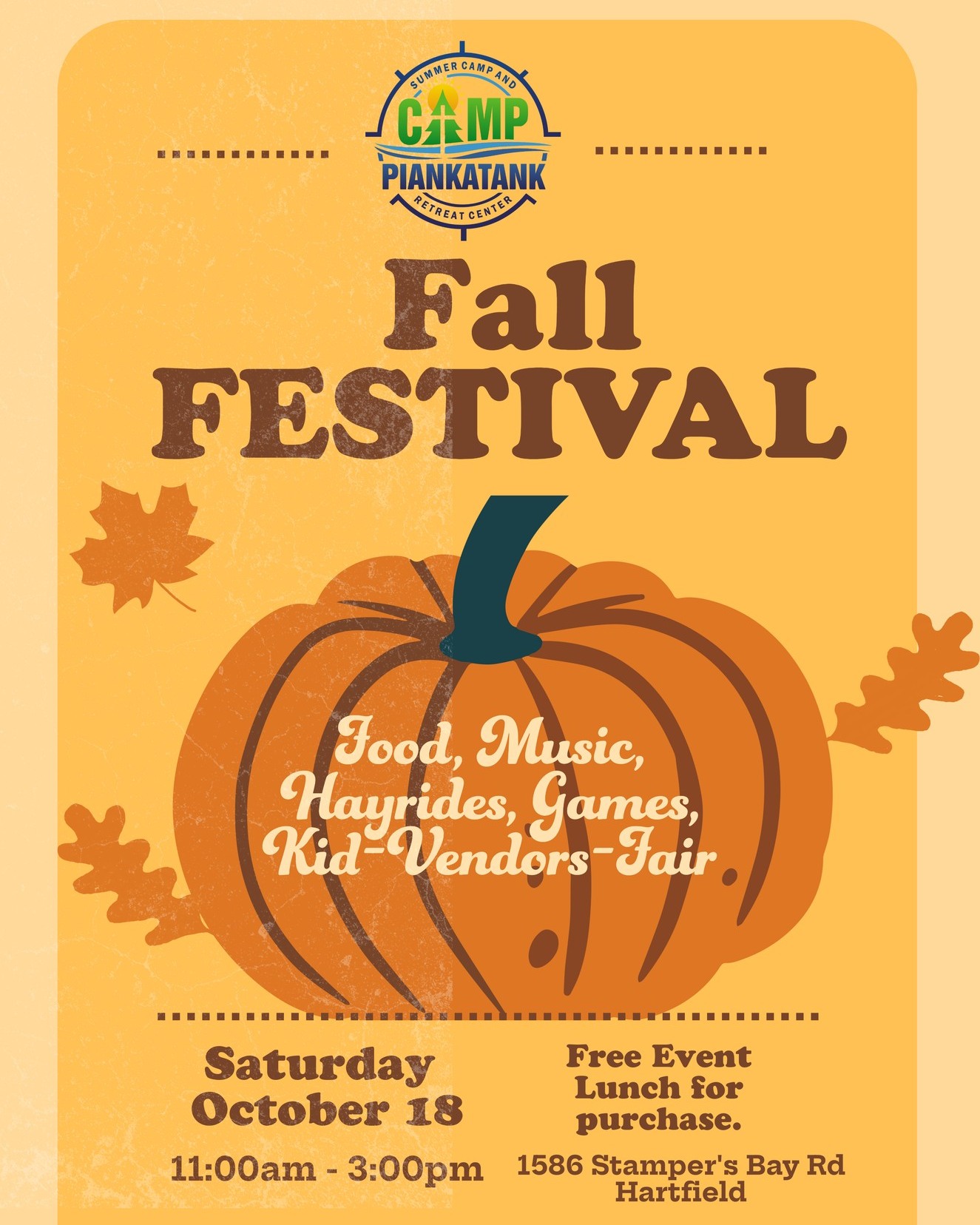 Mark your calendar for a day of fabulous, family-friendly, fall fun! This free event is open to the community.
An exciting addition this year is the kids only vendor fair. If your young entrepreneur (under age 18) sells items, this is a great opportunity for them. The vendor fair is only featuring KIDS this year. Come out and support these young leaders.
Full event information and the kids vendor application is available here www.camppiankatank.com/upcoming-events