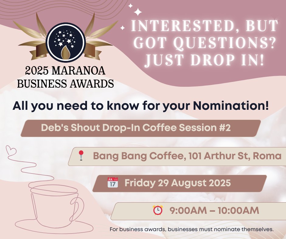 Just a little reminder that Business Awards Nominations are due Friday 5th September!
If you want tips, advice on how to start or not sure if you should nominate! Pop into @bang.bang.coffee this Friday for a cuppa, a chat and get those nominations filled out!
Nominate at https://www.rcat.org.au/mba-2025
#romaqld #rcat