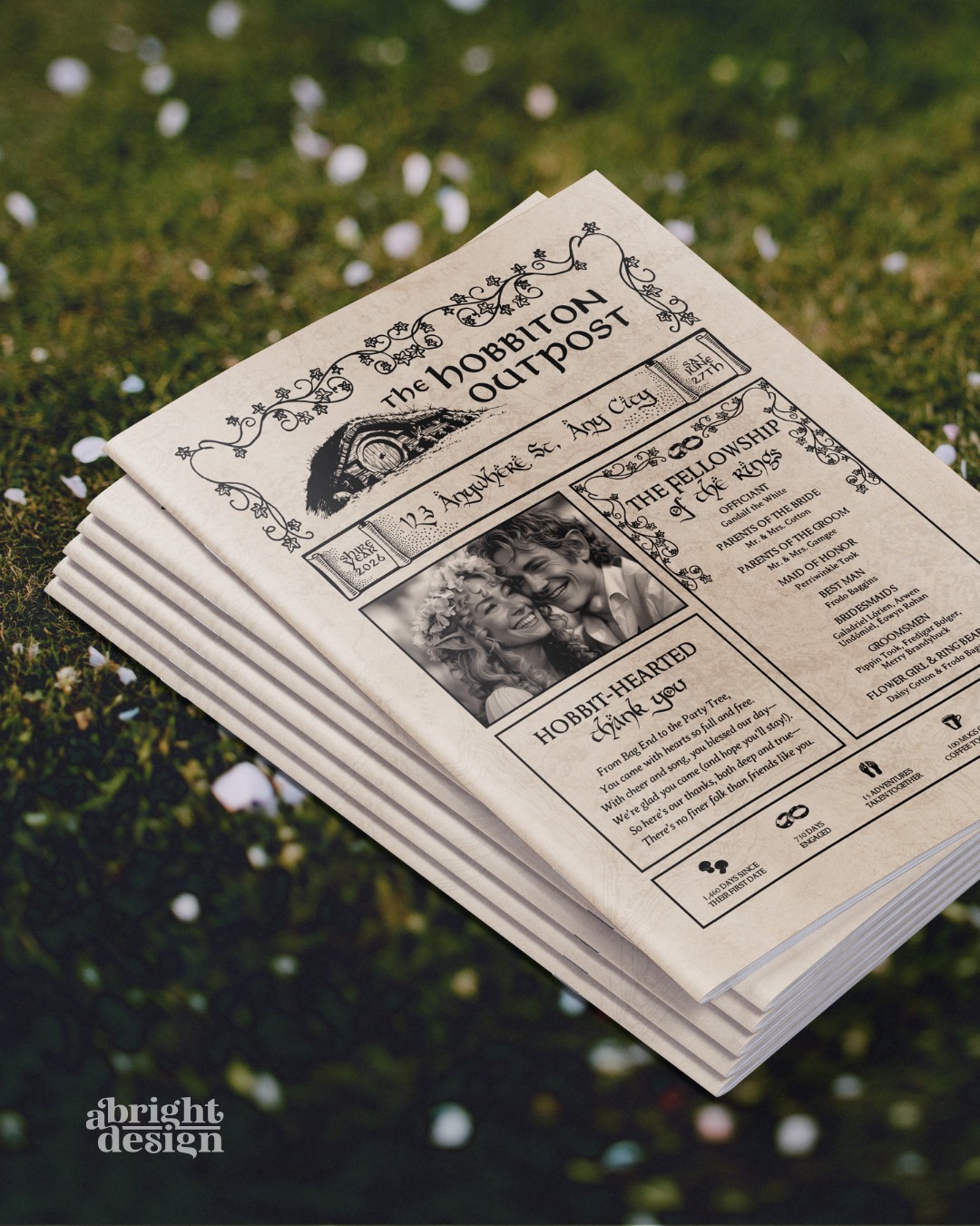 Hobbit Wedding Newspaper 🌳🍃🌼
Celebrate in true Shire style with our charming Hobbit newspaper digital download, perfect for your wedding! This delightful template is crafted for ease and creativity, allowing you to personalize every detail from the comfort of your own hobbit hole. Included is a Hobbit-themed icon pack, word games, puzzles, a fun facts list, and more, so you can make your magical celebration come to life!
------ INCLUDES ------
• 4 individual letter-size (8.5x11 IN) pages
•Tabloid-size (17x11 IN) spread for folding
• Hobbit icon pack for customization
------ PERFECT FOR ------
• Hobbit-themed weddings, bridal showers, and bachelor or bachelorette parties
• Lord of the Rings parties
• Fantasy-themed celebrations
#hobbitwedding #lotrparty #hobbitcore
