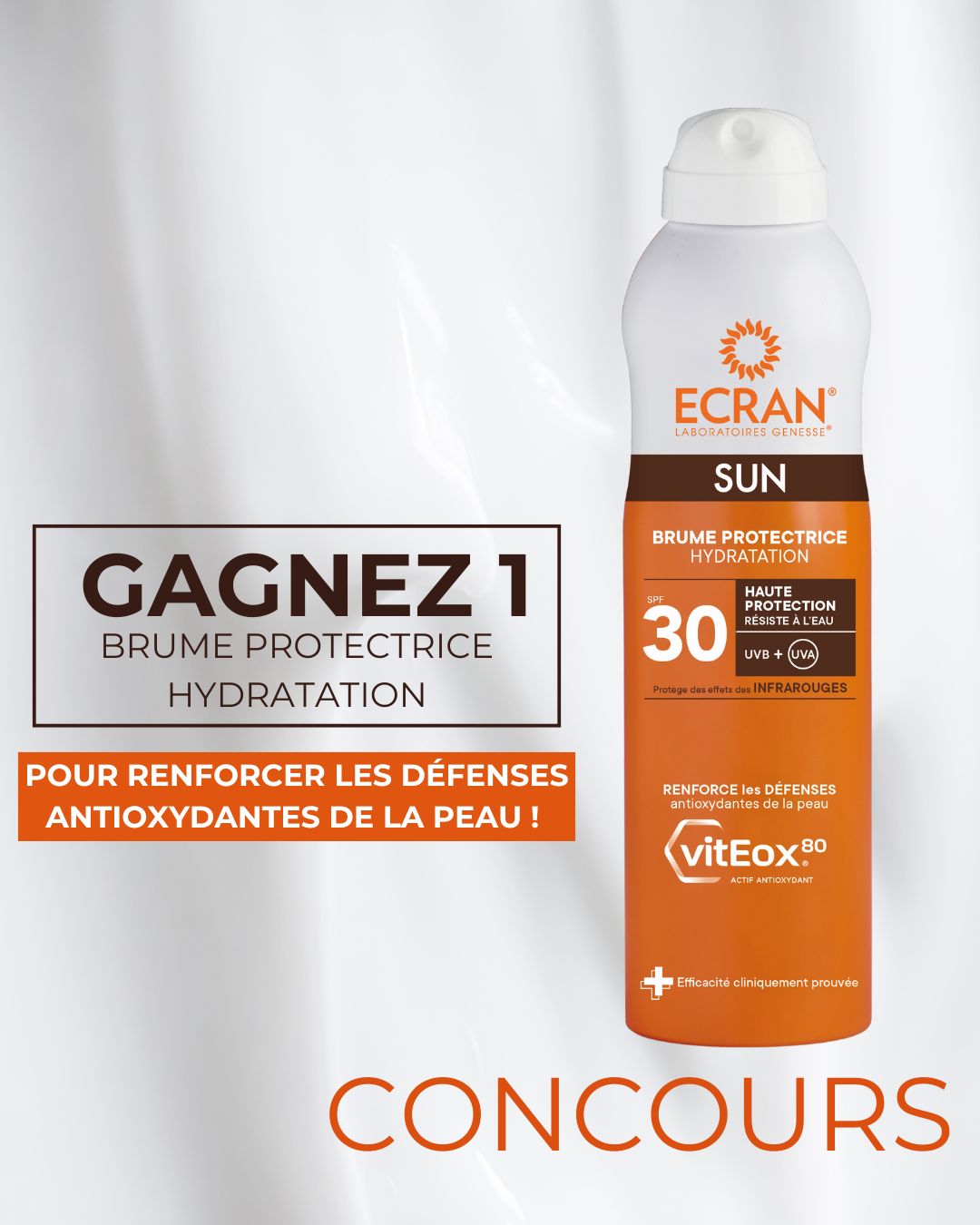 JEU CONCOURS !
Vous recherchez une protection solaire hydratante pour toute la famille? La brume protectrice hydratation ECRAN® SPF30 est faite pour vous.�
→ Très haute protection�
→ Tolérance optimale�
→ Enrichie en VitEox®80
Vous pouvez en gagner une !�
✔️ Aimez le commentaire�
✔️Suivez la page
✔️ Taguez 2 ami·e·s qui ont besoin de cette brume cet été ! Tirage au sort le 29 septembre !
#ecran #jeuconcours #spf50 #peauprotegee #concours