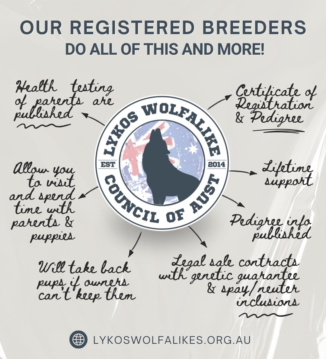 Choosing a breeder matters. With the Lykos Wolfalike Council of Australia, our registered breeders go above and beyond to support families and protect dogs for life.
🐾 From verified health testing and pedigrees that are also published, to lifetime support and take-back policies, you can feel confident knowing your pup comes from an ethical, transparent, and responsible program that is overseen by our Management Committee.
LWCA registered breeders set the bar in how they raised and develop their puppies. Early development protocols play an instrumental role in setting pups up for success!
Learn more at 👉 lykoswolfalikes.org.au
#LykosWolfalike #EthicalBreeding #ResponsibleBreeders #PuppyLove #DogCommunity