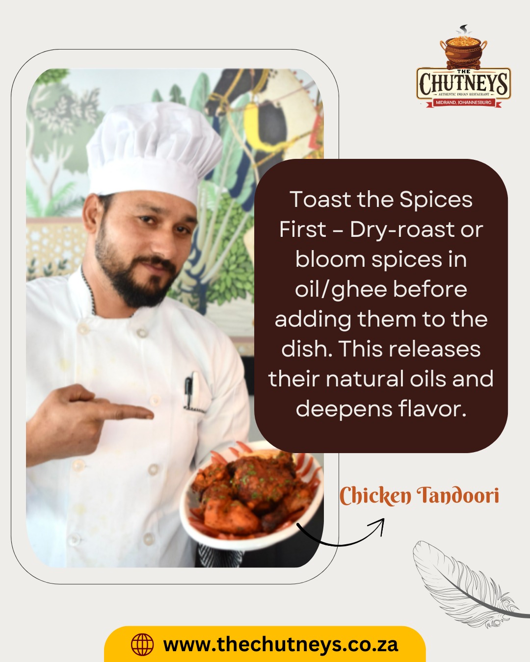 Crafted with Love, Served with Pride
Our chef brings you flavors straight from the heart! Dive into this mouthwatering specialty that’s as authentic as it gets. Come, taste the passion in every bite.
Follow us on social media for more info👇
Insta - @thechutneysrestaurant https://www.instagram.com/thechutneysrestaurant...
Fb - https://www.facebook.com/thechutneys
Web - https://www.thechutneys.co.za
#TheChutneys #AuthenticIndianCuisine #TasteOfIndia #FoodLoversParadise #IndianFoodie #FoodiesOfJohannesburg #MidrandEats #chickentandoori