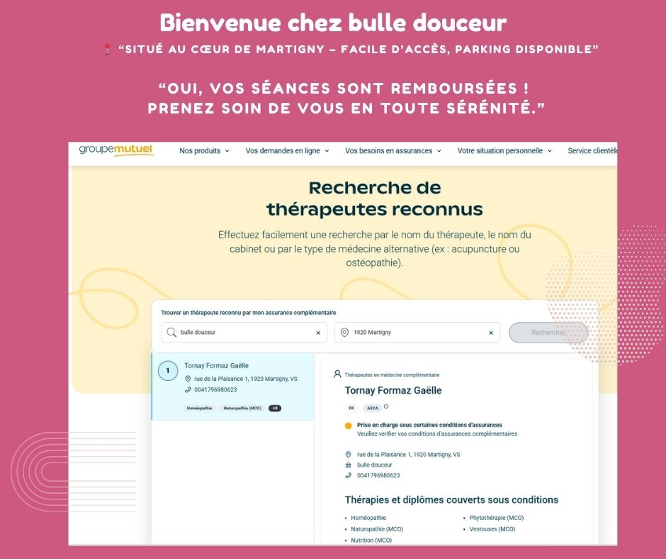 🧘♀️ Envie d’un moment de calme et de soin à Martigny ?
Chez bulle douceur, je vous accueille dans un cadre chaleureux pour vous accompagner avec bienveillance à travers des soins naturels, personnalisés et reconnus par le Groupe Mutuel.
🌿 Naturopathie, homéopathie, nutrition, phytothérapie, ventouses…
📍 Rue de la Plaisance 1 – Martigny
💳 Consultations remboursées selon votre assurance complémentaire
📆 Réservez facilement sur 👉 www.bulle-douceur.ch
🧡 Parce que parfois, moins… c’est vraiment mieux.
💆♀️ Offrez-vous un moment doux. Votre corps vous dira merci.
#BulleDouceur #Martigny #Valais #BienÊtre #SantéNaturelle #MédecineDouce #Naturopathie #CabinetBienÊtre
Association S'u p e r Martigny Art City - Office de tourisme et Ville de Martigny