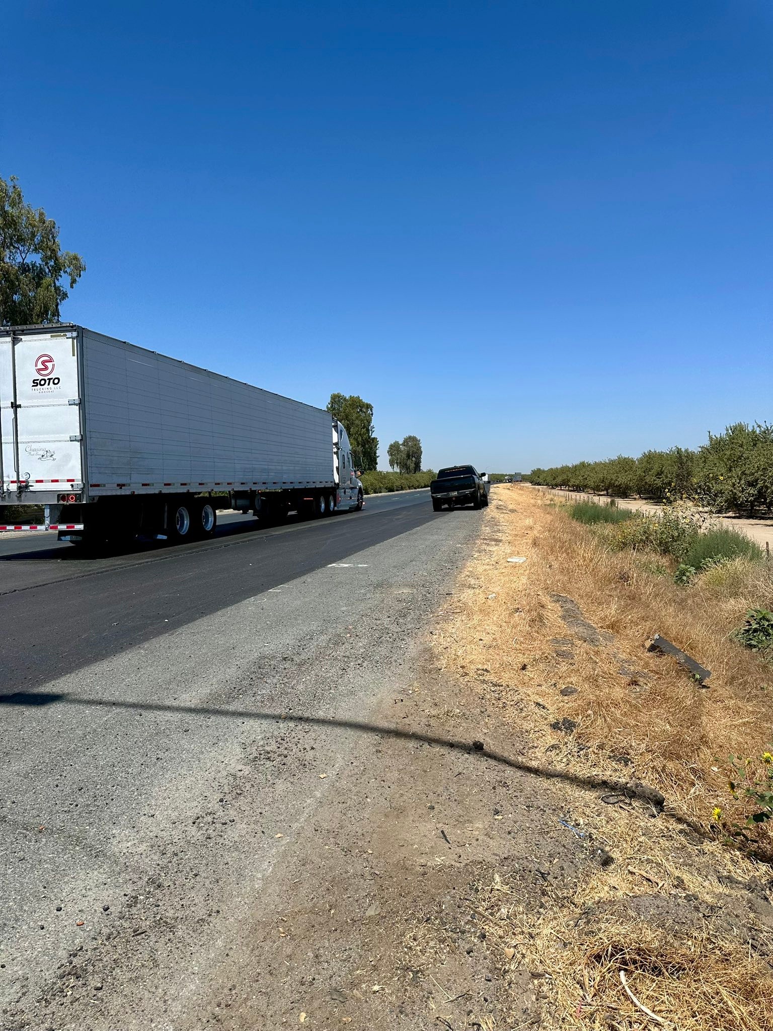 While driving at approximately 70mph Northbound highway 99 my right front drivers side wheel decided it did not want to be on the truck anymore.
A couple of fun facts:
1. My truck can drive on only three wheels and stay upright.
2. After clearing the guard rail, the oleander’s can stop a large tire and wheel traveling really fast from going into oncoming traffic.
3. When you’re heading North six hours and only an hour and a half into the trip, that is a long tow ride.
4. Thankful no one was hurt.