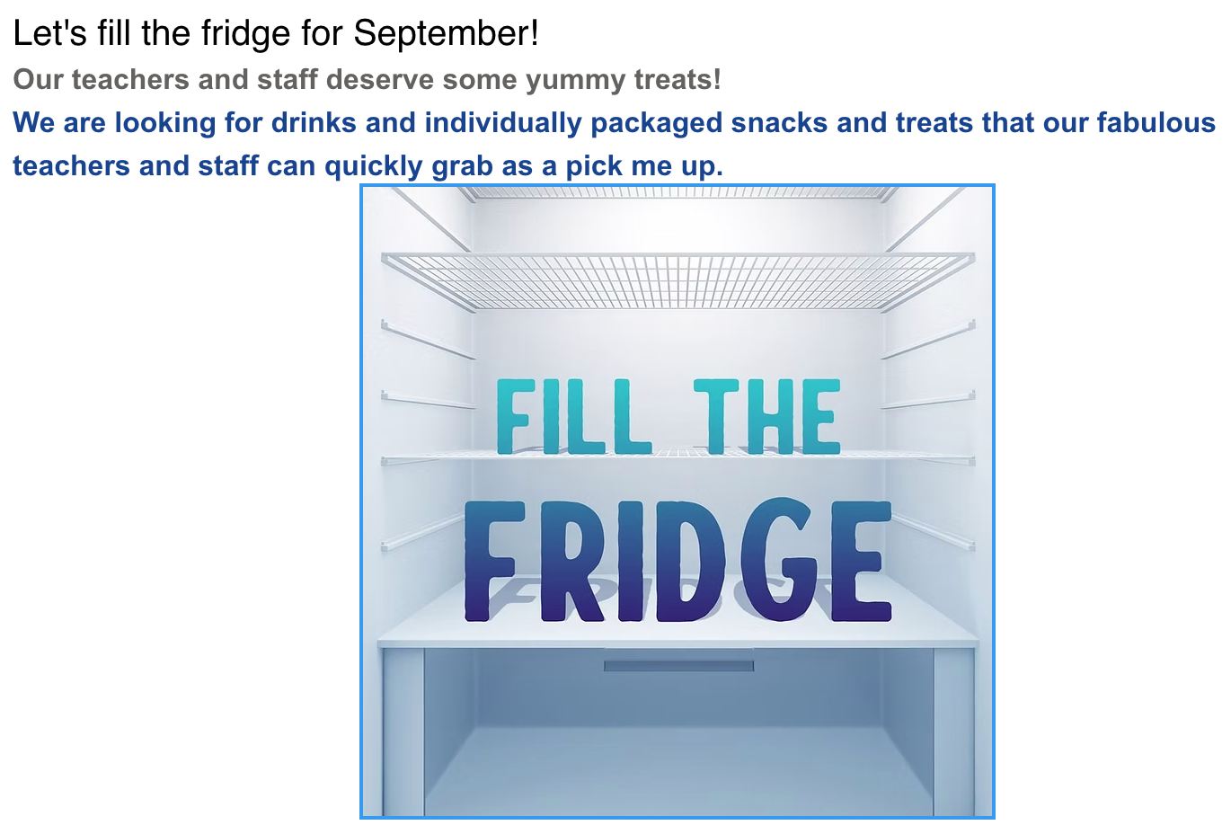 Sign up to help: Link in bio
Items can be dropped off anytime on either Wednesday, September 10th or Thursday, September 11th at Teravista Elementary (front office).
Items can also be dropped off at 4542 Wandering Vine Trail (please leave all items on the front porch).
If you have any questions please contact us at volunteer@teravistapta.com.
Thank you!
#teacherappreciation #jointvepta