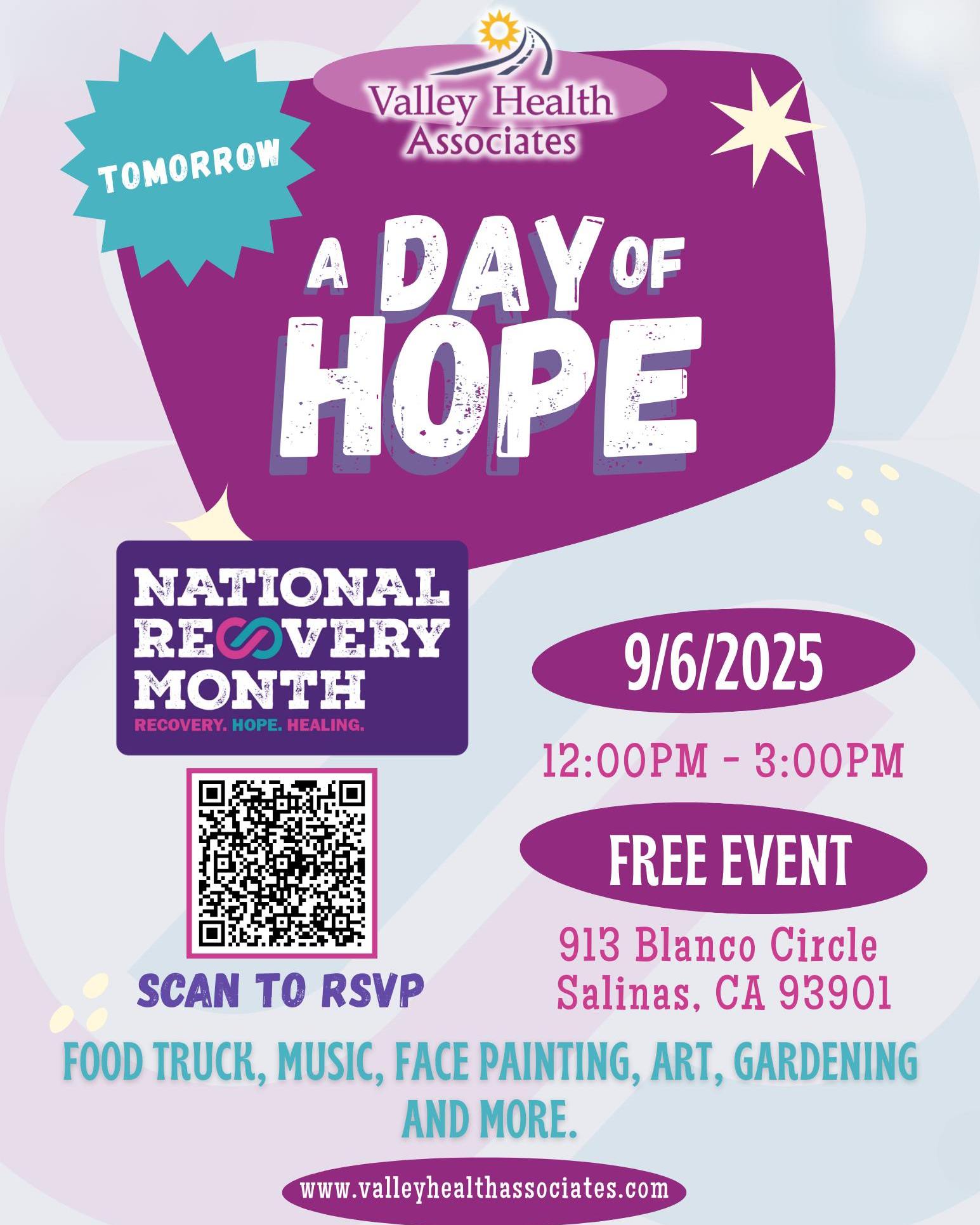 TOMORROW, join us for a community celebration of National Recovery Month 🌟
Come together to celebrate recovery, hope, and community!
Scan the QR code or click the link in the bio to RSVP
#DayOfHope #RecoveryMonth #ValleyHealthAssociates #RecoveryTogether
MAÑANA, únete a nosotros para una celebración comunitaria del Mes Nacional de la Recuperación 🌟
¡Únete para celebrar la recuperación, la esperanza y la comunidad!
Escanea el código QR o haz clic a el enlace en el description para confirmar tu asistencia