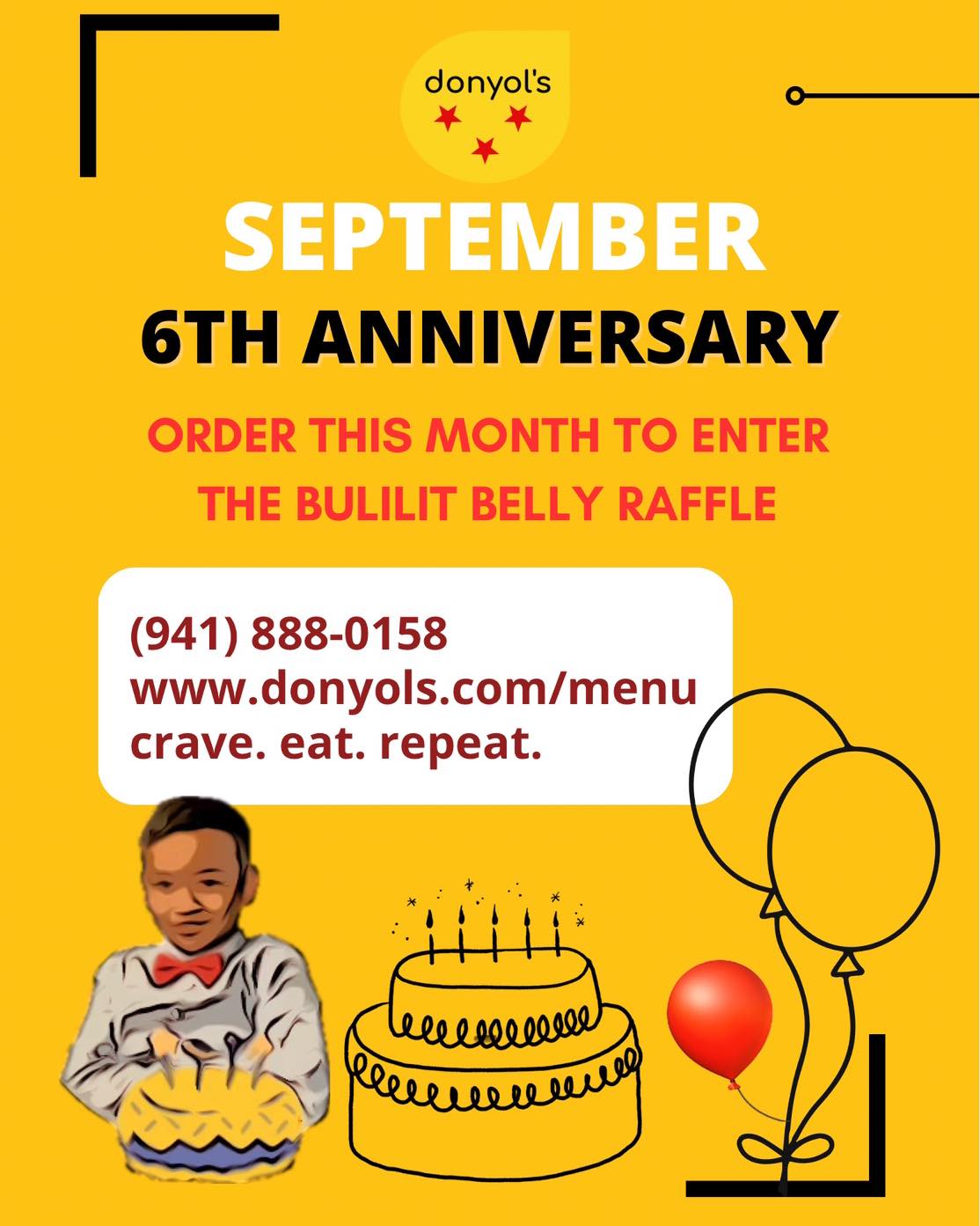 Celebrate with us and win a bulilit belly‼️
Any order will enter the raffle‼️
💃🏻🕺🏻Msg: (941) 888-0158
💃🏻🕺🏻www.donyols.com/menu
💃🏻🕺🏻crave. eat. repeat.
ORDER NOW‼️ #craveeatrepeat #authenticcebu #swfl #puso #donyols #filamkids #FloridaPinoy #filipinofoods #filam #authenticcebuanofoods #swflfoodies #filipinodish #craveeatrepeat💋 #authenticcebulechonbelly #filipinofoodmovement #floridapinoy #filipinocuisine #lechon #lechonbaboy #lechonbelly #siomai #putocheese😋 #acharangpapaya #latik #achara #cebulechon #cebulechonbelly #northportpinoy #shoplocalnorthport