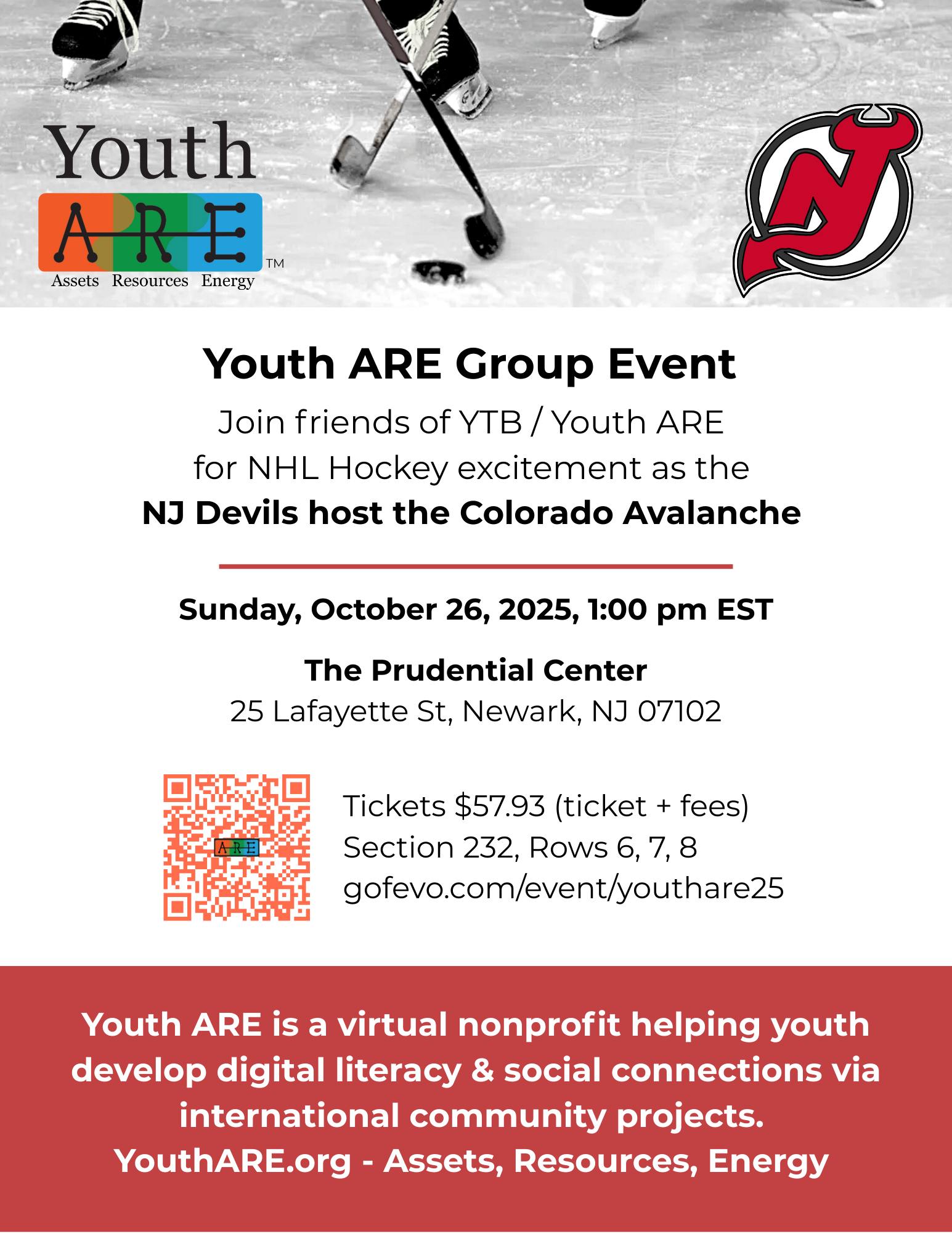Come cheer for the NJ Devils while supporting youth building global connections through Youth ARE! 💻🌍
Join us Sunday, Oct 26th at 1 PM for the game and forming new community connections.
👉 Details + tickets at gofevo.com/event/youthare25