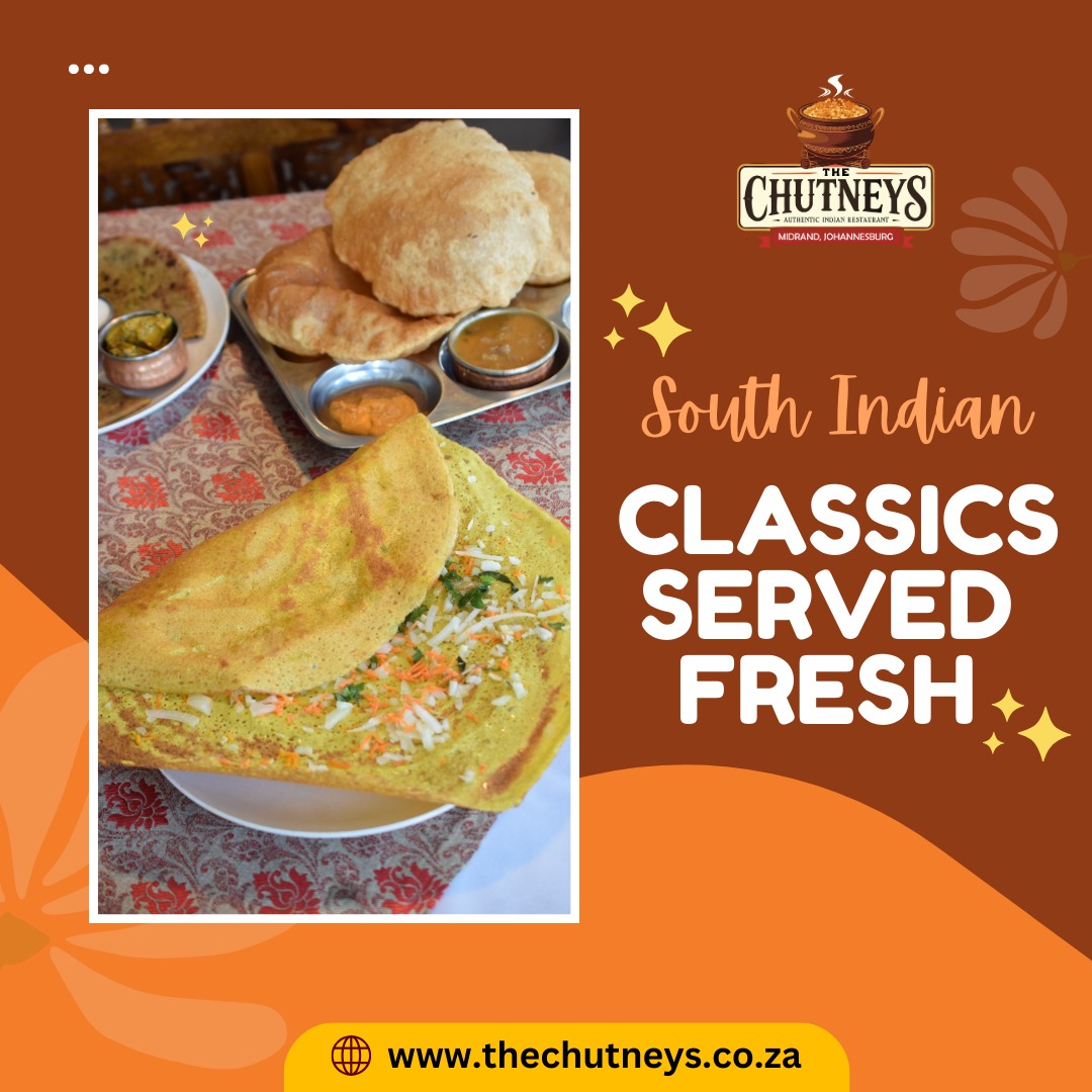 South Indian Classics Served Fresh
Crispy golden dosa filled with fresh veggies and cheese, paired with fluffy puris, spicy chutneys and hearty sambar, a true celebration of authentic Indian taste. Whether you crave crunch, spice or comfort, this platter has it all.
Follow us on social media for more info👇
Insta - @thechutneysrestaurant https://www.instagram.com/thechutneysrestaurant?igsh=ZXo0bzg2ZHlwcWlh&utm_source=qr
Fb - https://www.facebook.com/thechutneys
Web - https://www.thechutneys.co.za
#TheChutneys #AuthenticIndianCuisine #TasteOfIndia #FoodLoversParadise #IndianFoodie #FoodiesOfJohannesburg #MidrandEats #Dosa #Sambar #Puri