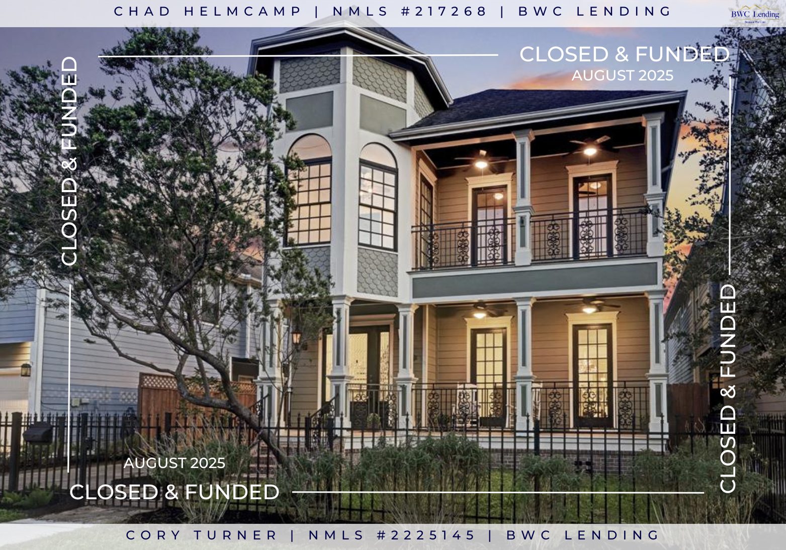 🌟CLOSED IN AUGUST🌟
Thank you and congratulations to all our AMAZING clients and realtors! We appreciate you all trusting us 🥰 it means the world to us!
We are so grateful and honored to have been able to help 20 families buy a home in August 🫶
If you’re ready to buy this month or next, give us a call!!
Chad Helmcamp, NMLS #217268
📱: 832-252-9175
✉️: chad.helmcamp@bwclending.com
Cory Turner, NMLS #2225145
📱: 832-476-0967
✉️: cory.turner@bwclending.com
Equal Housing Opportunity Lender
NMLS #1823206, BWC Lending LLC.
1616 S Voss Rd, STE 650, Houston, TX 77057
#closing #congratsonyourhome #newhome #movingin #summertimeclosings #houstonhome #txhome #htx #texas #fyp