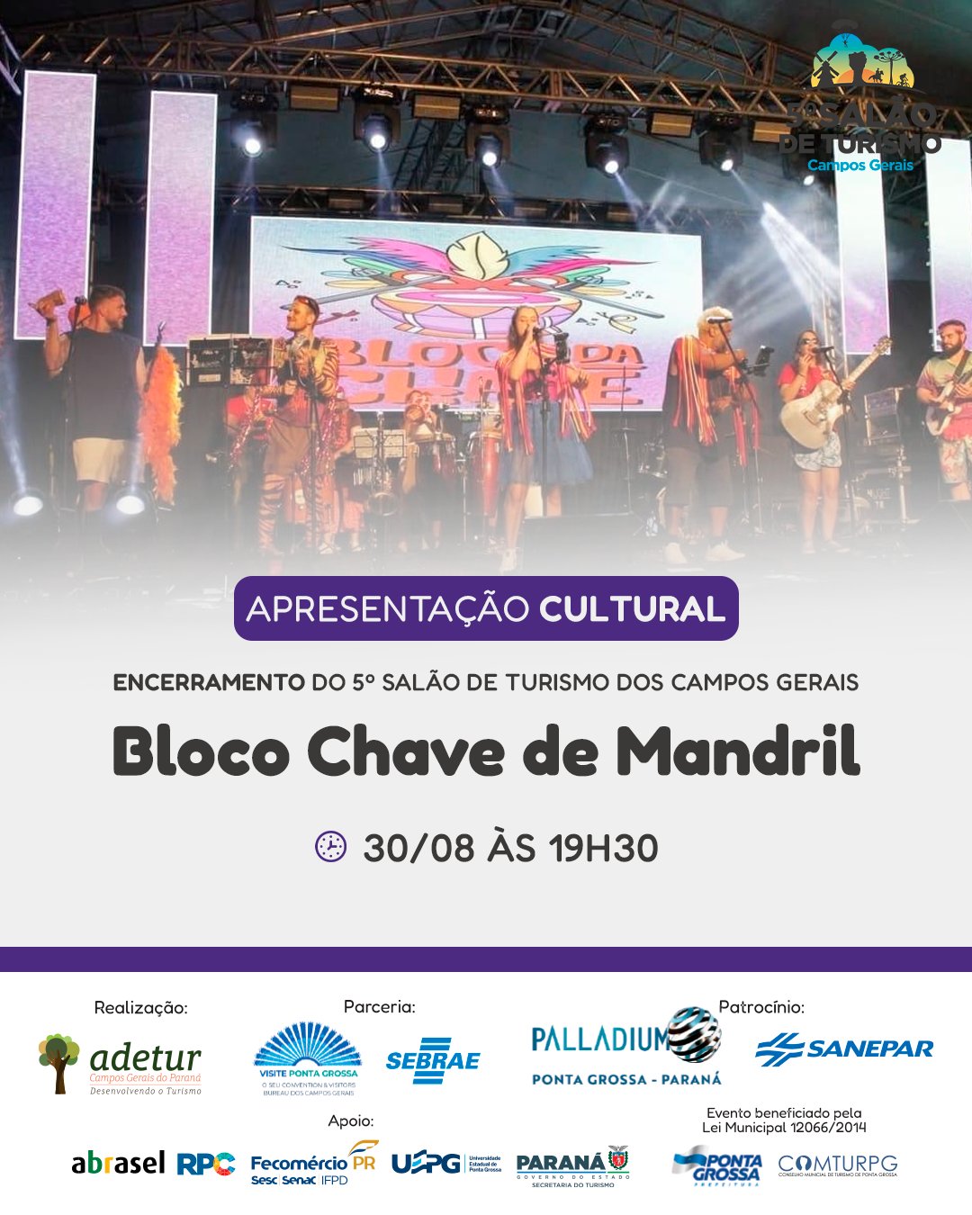 🎶 O Bloco Chave de Mandril vai embalar o encerramento do 5º Salão de Turismo dos Campos Gerais hoje às 19h30 no Bourbon Convention Hotel!
Venha celebrar conosco o fim de um evento que reuniu experiências gastronômicas, culturais e muito networking ✨
Entrada gratuita. Você é nosso convidado!