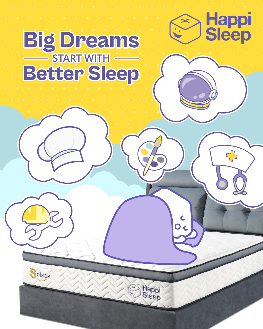 Still doomscrolling? 👀 Your Solace Mattress is waiting to tuck you in. 😴💜
Because big dreams don’t start on endless feeds — they start with deeper Zzz, brighter moods, and all that imagination fuel. 🌙💭
Let Cubie (and your inner child) dream big, snooze better, and wake ready for the world. 💫
#HappiSleep #DreamWithUs #SnoozeGoals