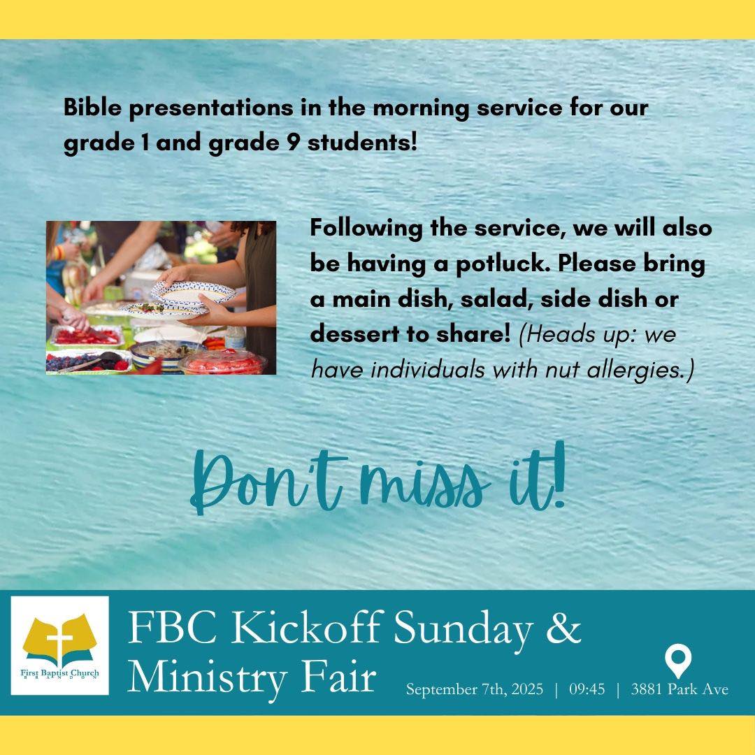 Sunday, September 7th, 2025: Join us at 09:45 for coffee, treats, and a Ministry Fair, followed by the morning worship service and then a potluck lunch!