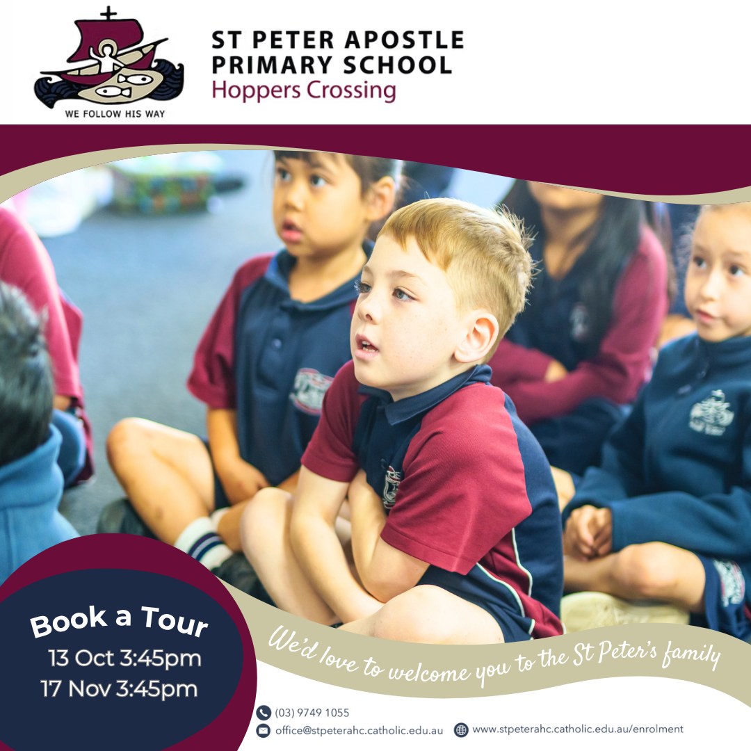❤️ Our staff are committed, experienced and genuinely invested in each child’s learning journey. Families consistently tell us that they feel confident in the quality of teaching and care at St Peter’s, and our academic outcomes reflect that.
You’re warmly invited to visit us at one of our upcoming school tours:
🚌 Monday 13 October - at 3:45pm.
🚌 Monday 17 November - at 3:45pm.
Please book your tour via our school website.
#StPetersApostleHoppersCrossing #HoppersCrossing #StPetersPrimarySchool #EnrolNow #StPeters #PrimarySchool #CatholicsEducation # LearnRelateLive