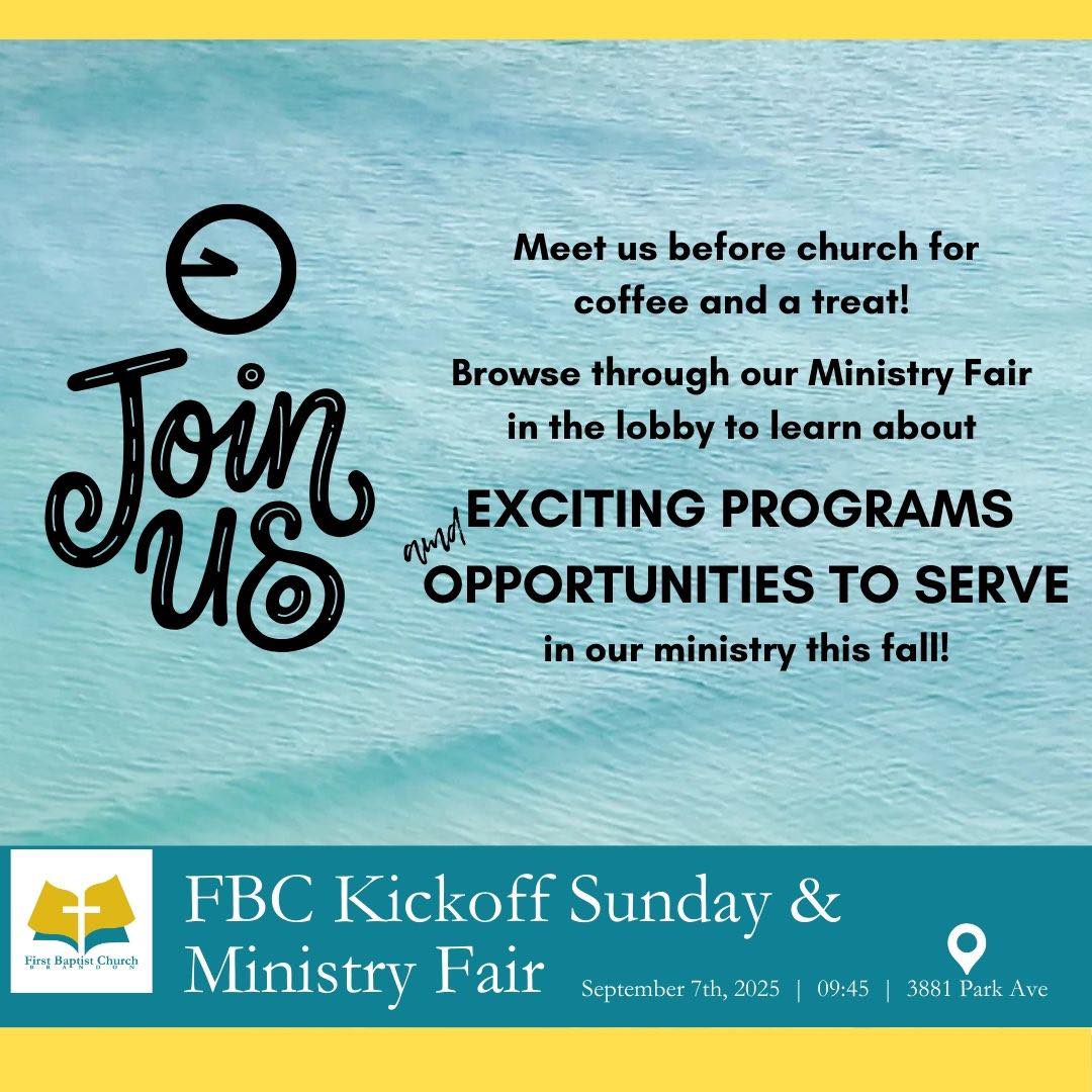 Sunday, September 7th, 2025: Join us at 09:45 for coffee, treats, and a Ministry Fair, followed by the morning worship service and then a potluck lunch!