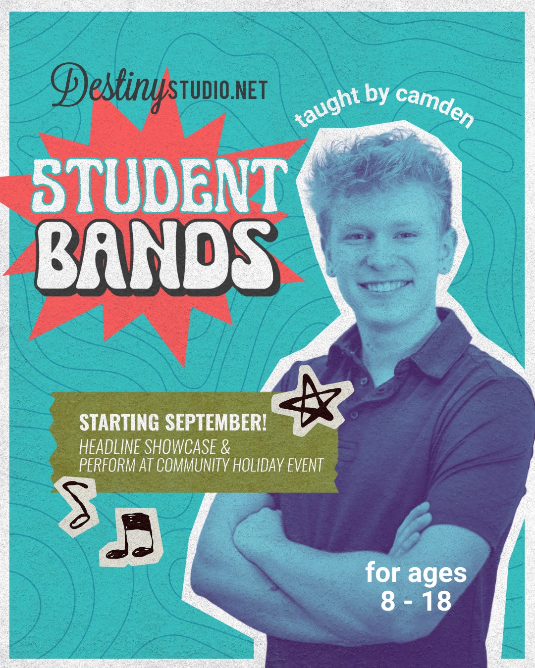 Meet Camden : Co-Leader of Our Student Bands! š¶
Music has been a part of Camdenās life since he was just 6 years old, starting with piano lessons and growing into a lifelong passion. Today, he leads worship at two churches and is thrilled to share his love for music here at Destiny Studio. š
Camden believes music is about connection. whether itās with his band, his church, or his students. Teaching gives him the chance to pass on that joy and help young musicians find their own voice. Outside of music, youāll find him expressing himself through art, dancing, and skateboarding. šØš¹š
š„ This fall, Camden will be co-leading our student rock bands:
Rock Band Jr. (Ages 8ā12) ā Tuesdays at 6:30 PM
Rock Band (Ages 13+) ā Tuesdays at 7:15 PM
These groups will rehearse weekly and take the stage at the October Showcase + Mansfieldās Hometown Holidays! š¤
š Rehearsals start next week! Comment for more info!
#FortWorthTX #WeatherfordTX #AledoTX #BenbrookTX #FortWorthMoms #WeatherfordMoms #AledoMoms #benbrookmoms #DFWKids #DFWMusicLessons