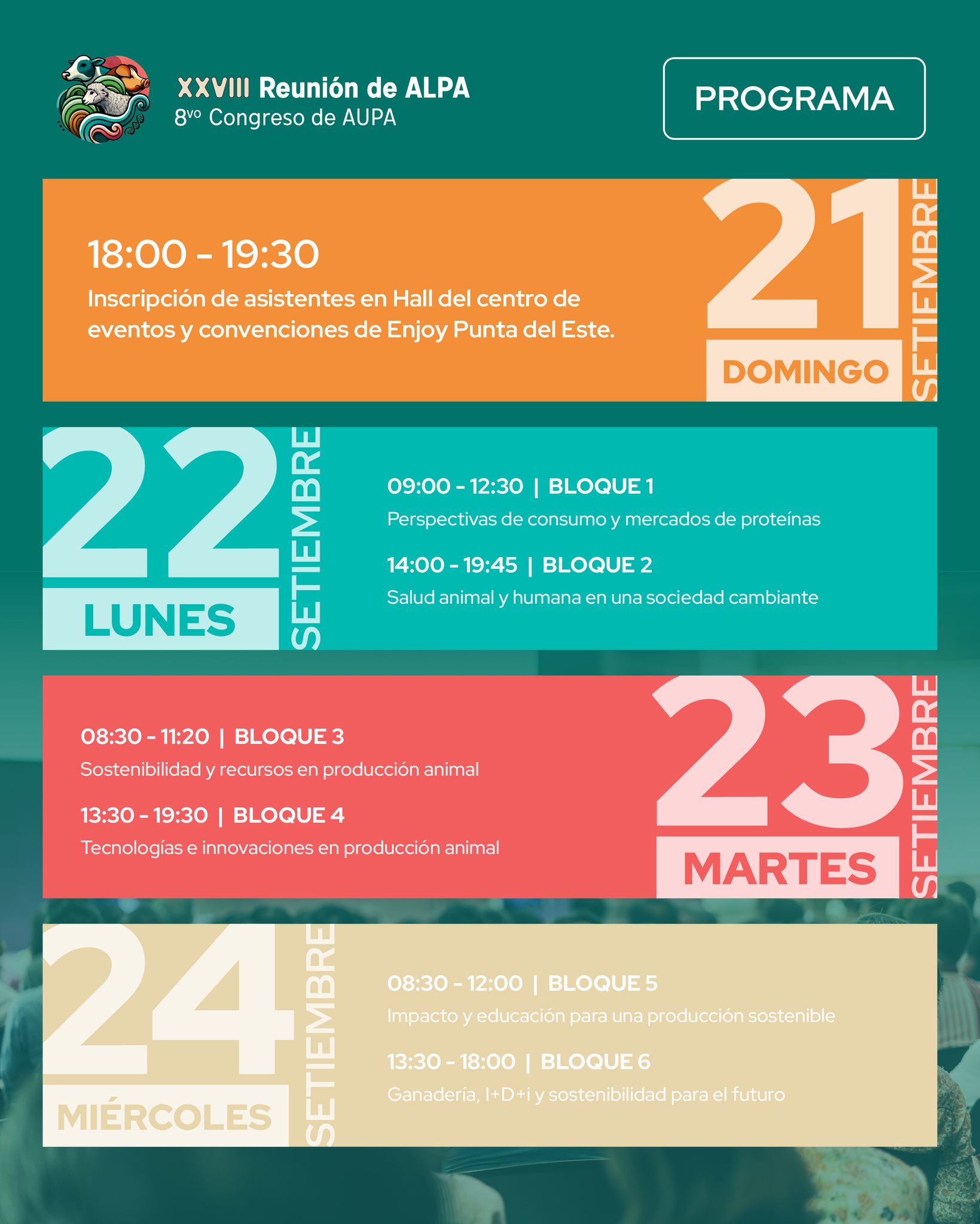 🗓️ ¡Ya está disponible la agenda de la XXVIII Reunión de ALPA & 8º Congreso de AUPA!
Del domingo al miércoles te espera un programa intenso de conferencias, sesiones y actividades.