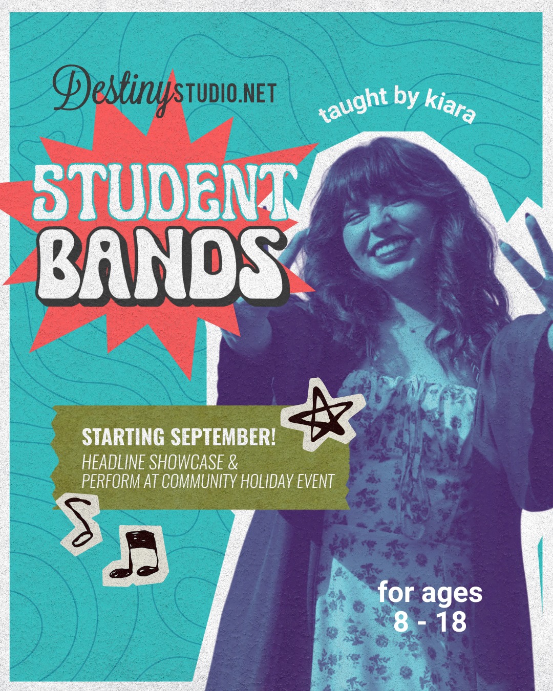 From Destiny student to front-woman on stage, Kiara knows what it takes to rock a band. 🎸
Kiara grew up surrounded by music. Her dad first handed her a guitar at eight years old, and from then on she was hooked. She performed in talent shows, choir, and guitar lessons before finding her way to Destiny Studio, where she developed her voice, guitar skills, and love for performing.
Through Destiny’s Spotlight Society program, Kiara began playing across the DFW metroplex, writing original music, and even adding piano to her list of instruments. Since then, she has earned her B.S. in Songwriting and Music Business from Belmont University in Nashville, released music on all streaming platforms under both her name and with her band Crash Through the Floor, and performed at venues in multiple states.
Now, she is back at Destiny to inspire the next generation of performers. ✨
🔥 Kiara will be co-leading student rock bands with Camden:
Rock Band Jr. (Ages 8–12) – Tuesdays at 6:30 PM
Rock Band (Ages 13+) – Tuesdays at 7:15 PM
Her goal is simple: to help students take their passion, build confidence, and shine on stage. Bands will perform at the October Showcase and Mansfield’s Hometown Holidays!
👉 Rehearsals start in September. Comment for more info!
#FortWorthTX #WeatherfordTX #FortWorthMoms #WeatherfordMoms #FortWorthMusicLessons #WeatherfordMusic #DFWMusic #TexasMusicSchool #MusicLessonsTexas #FortWorthKids