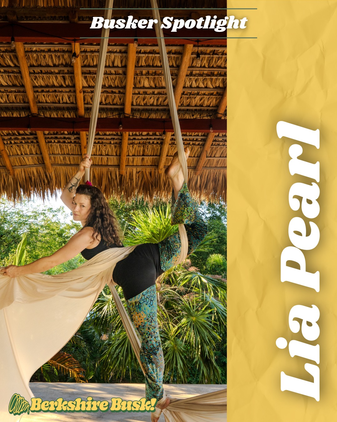 Busker Spotlight:
Lia Pearl!
Lia has been practicing aerial silks since 2017 (wow, time flies!) and is continually inspired to strive for new heights and feats of strength and flexibility!
🌟 Come see Lia Pearl LIVE this SATURDAY at the First Congregational Church starting at 6:30PM!