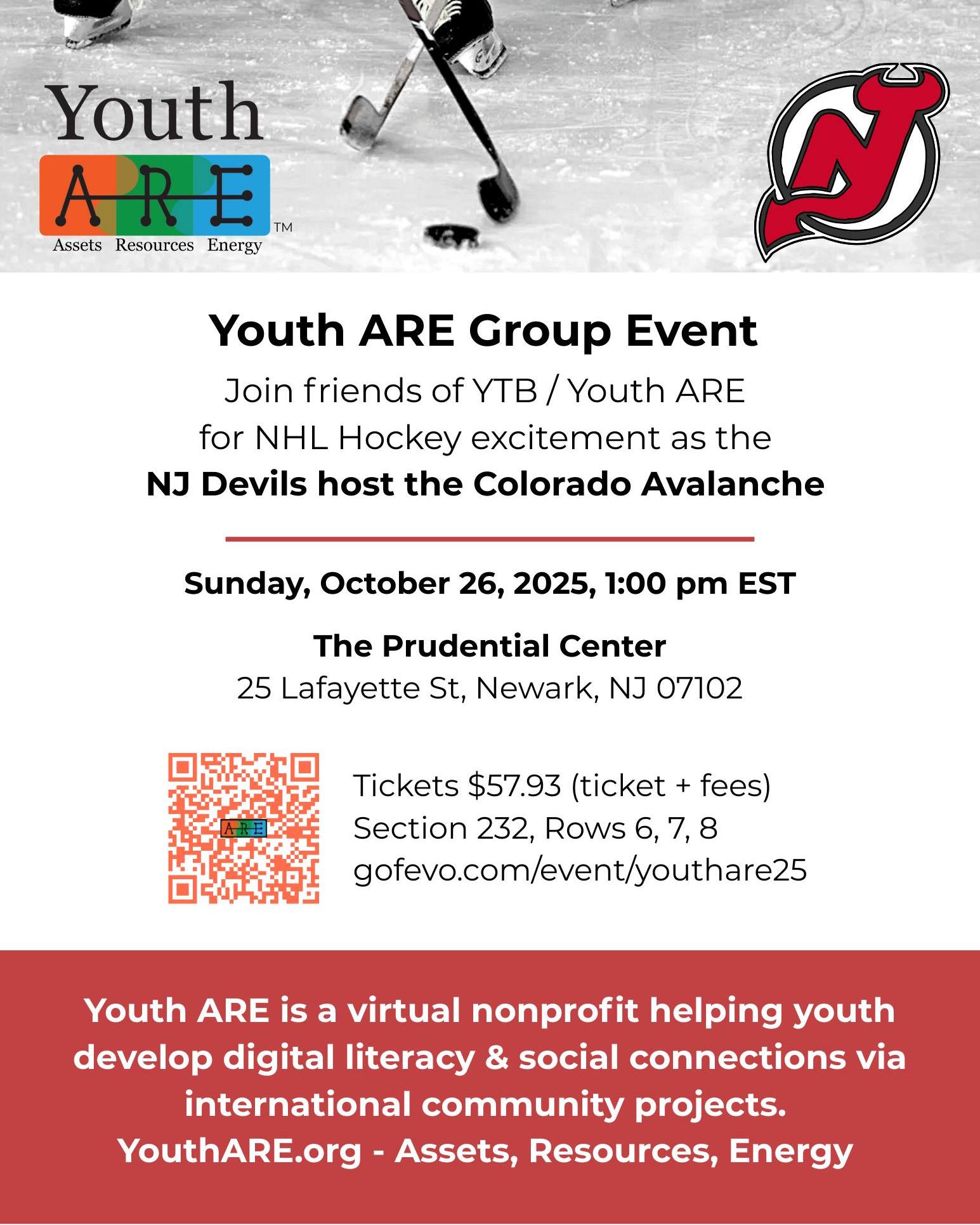 Join us for NHL Hockey excitement as the NJ Devils take on the Colorado Avalanche! 🏒
📅 Sunday, October 26, 2025
🕐 1:00 PM
📍 The Prudential Center (25 Lafayette St, Newark, NJ 07102)
👉 Get your tickets today at gofevo.com/event/youthare25!