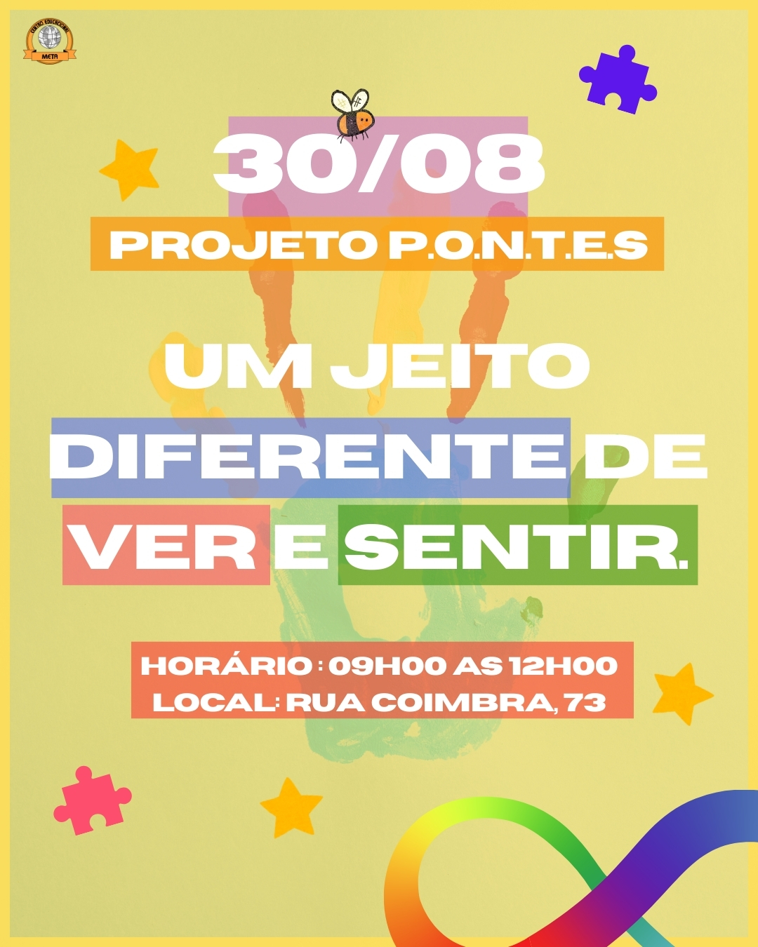 Neste sábado, o Projeto P.O.N.T.E.S traz mais uma oportunidade de aprendizado e conexão!
Teremos uma palestra especial sobre Autismo, conduzida por dois convidados (Alexandra Pinto e Natanael Pereira) que vem compartilhar conhecimentos e experiências para ampliar nossa visão sobre diversidade.
Participe, traga suas perguntas e vamos juntos construir pontes para uma sociedade mais inclusiva e consciente. 🐝