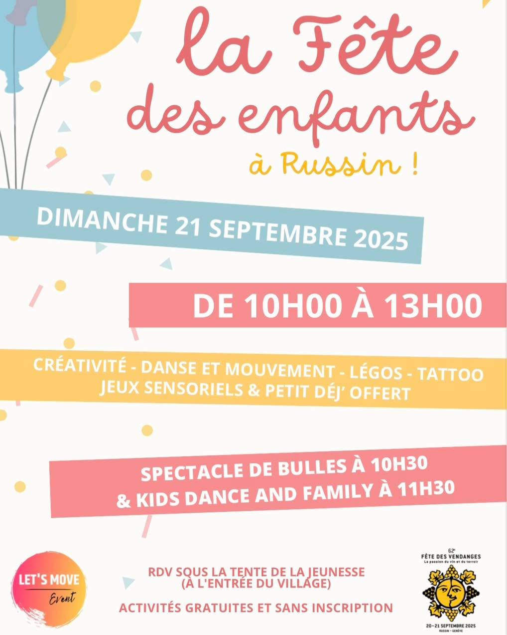 Let's Move EVENT a le plaisir de vous inviter le dimanche dès 10h00, avec un collectif de professionnels et associations qui viendront animer des ateliers pour les enfants et leurs familles; créativité, tattoos éphémères, danse, légos etc.
Dès 10h30 auront lieu un spectacle de bulle ainsi qu'une animation de danse "Let's Move fio" en famille.
Un large choix d'activités et d'animations seront proposés dans la joie et la bonne humeur, pour le plaisir des grands et des petits !
Toutes les informations sur:
https://www.fetedesvendangesrussin.ch/fete-des-enfants
#fetedevillage #fete #russin #fetedesvendanges #musique #concertlive #vin #danser #aimerlavie #cortege #marche #marcheduterroir #geneve #geneva #campagne #vendanges #terroir #swisswinelovers #swisswine #concert #courdedegustation #produitduterroir #fetedesvendangesrussin #weekend