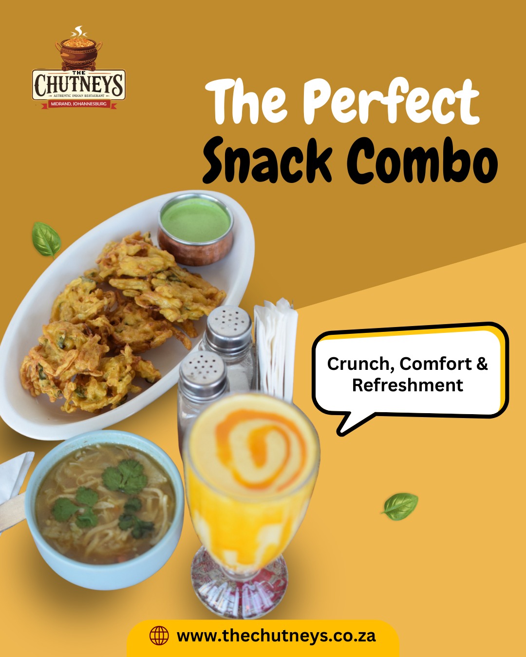The Perfect Snack Combo: Crunch, Comfort & Refreshment
Indulge in the comforting crunch of onion bhajis, served with fresh green chutney, a warming bowl of noodle soup and a glass of creamy mango lassi. Treat yourself to a deliciously satisfying experience, where every bite brings the taste of tradition and every sip refreshes.
At The Chutneys, Midrand
Follow us on social media for more info👇
Insta - @thechutneysrestaurant https://www.instagram.com/thechutneysrestaurant...
Fb - https://www.facebook.com/thechutneys
Web - https://www.thechutneys.co.za
#TheChutneys #AuthenticIndianCuisine #TasteOfIndia #FoodLoversParadise #IndianFoodie #FoodiesOfJohannesburg #MidrandEats #OnionBajji #mangolassi