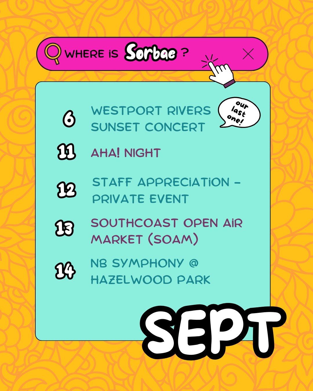 September and we’re still outside 💃✨ Here’s where you can catch us this month. Booking into October too 👀 — a few fall fest + party spots left 🎃
9/6 Westport Rivers Sunset Concert 5pm-7pm
9/11 AHA! Night downtown New Bedford
9/12 Staff Appreciation - Private Event
9/13 SOAM Doggie Day 100 Newhill Avenue Somerset 10am-2pm
9/14 NB Symphony @ Hazelwood Park New Bedford
9/20 Stepping Razor Motorbike Show - Downtown New Bedford
9/26 - 9/28 Westport Harvest Festival
#septembersummer #southcoastma #somersetma #westportma #newbedford #sorbaeNBMA #soam