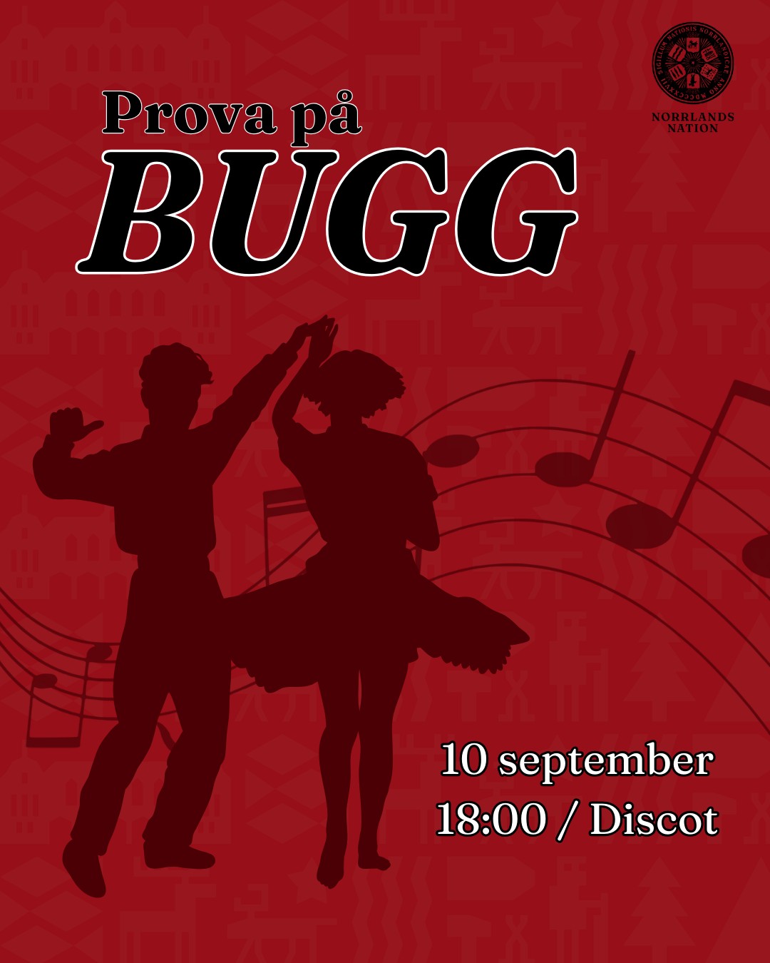 🕺Prova på bugg! 💃
Är du nyfiken på att dansa bugg? Vill du ha lite dansglädje? Nu har du chansen att prova på bugg på Norrlands nation.
Kvällens instruktörer är utbildade instruktörer från Uppsala Bugg & Swing Society (UBSS). Kursen dansas parvis i en ring, vilket innebär att man får möjlighet att dansa med olika personer under lektionens gång. Beroende på antalet deltagare kan det bli nödvändigt att frivilligt anpassa förar- och följarrollerna, så att alla deltagare får en roll som passar under hela kursen och alla får dansa mer! Varje deltagare håller sig till den valda rollen under kursens gång.
Ingen föranmälan krävs.
🕺Datum: 10 september
💃Tid: 18:00 - 20:00, inklusive pauser.
🕺Plats: Discot, Norrlands nation
💃Erfarenhet: Inga förkunskaper krävs.
🕺För/följer: Du bestämmer!
💃Pris: Gratis
___
Do you want to try Swedish swing dance – Bugg? Now is your chance to join a free ”Bugg”-course at Norrlands Nation!
The instructors for the evening are trained instructors from Uppsala Bugg & Swing Society (UBSS). The course is danced in pairs in a circle, which means that you will have the opportunity to dance with different people during the lesson. Depending on the number of participants, it may be necessary to voluntarily adjust the leader and follower roles so that all participants have a role that suits them throughout the course and everyone gets to dance more! Each participant sticks to their chosen role during the course.
No registration required.
Note that this event is held in Swedish.
🕺Date: September 10th
💃Time: 18:00-20:00, including breaks
🕺Location: Discot, Norrland's Nation
💃Experience: No prior knowledge required
🕺Lead/Follow Role: You choose!
💃Price: Free