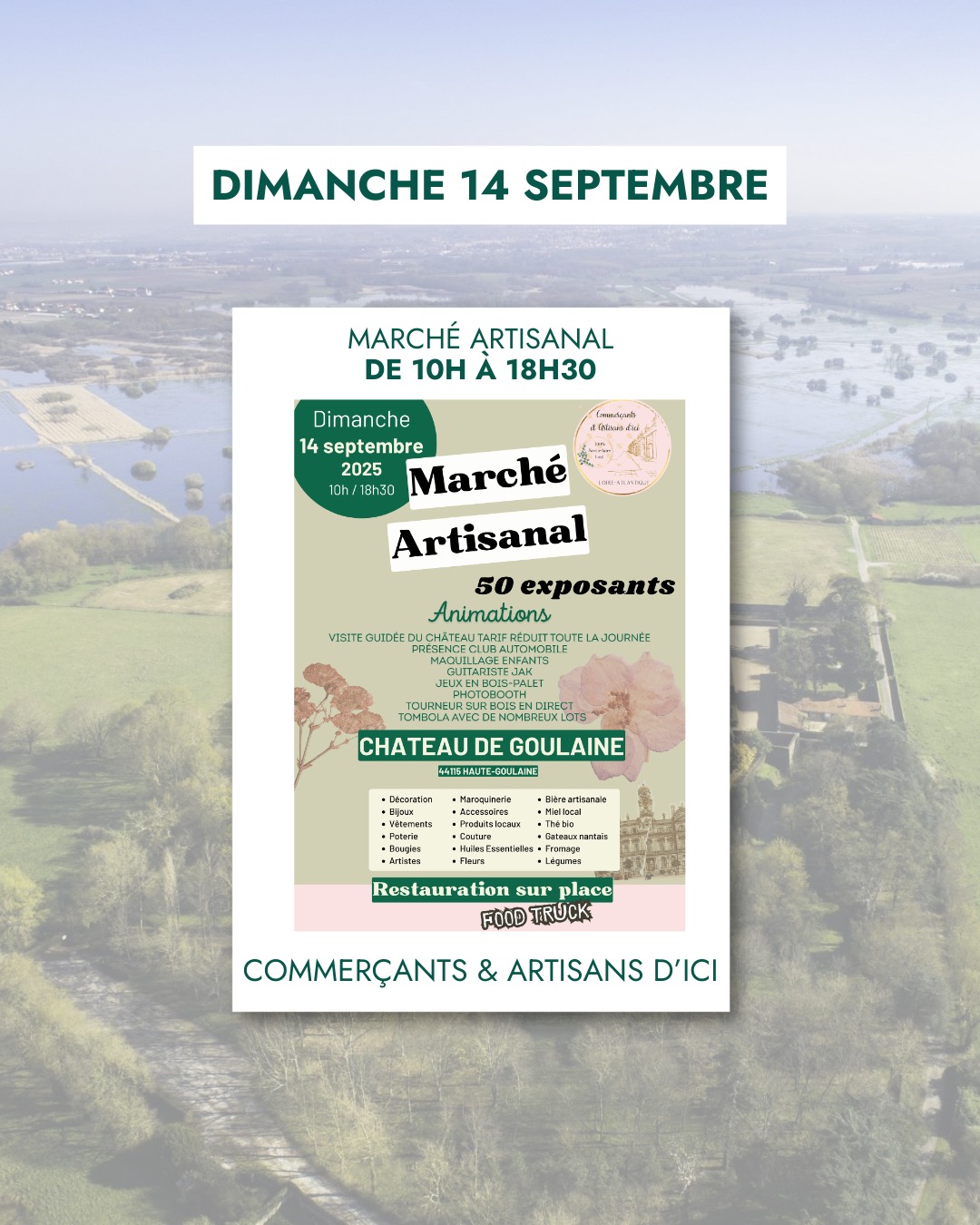 🎉 Grand Marché Artisanal le dimanche 14 septembre
Le Château ouvre ses portes à 50 exposants passionnés, réunis par l’association @commercants_et_artisans_dici44 : artisanat, savoir-faire locaux et belles découvertes au rendez-vous !
✨ Au programme :
Tombola,
Maquillage pour enfants,
Jeux en bois géants,
Photobooth souvenir,
Bar & food truck pour se régaler.
Pour prolonger la journée : vous pourrez profiter de la visite guidée du château à tarif réduit ! 🏰
➡️ Une sortie idéale en famille ou entre amis, au cœur d’un lieu chargé d’histoire et d’authenticité.
🕰️ 10h – 18h30
#chateaudegoulaine #artisanat #patrimoine #savoirfaire #SortieEnFamille