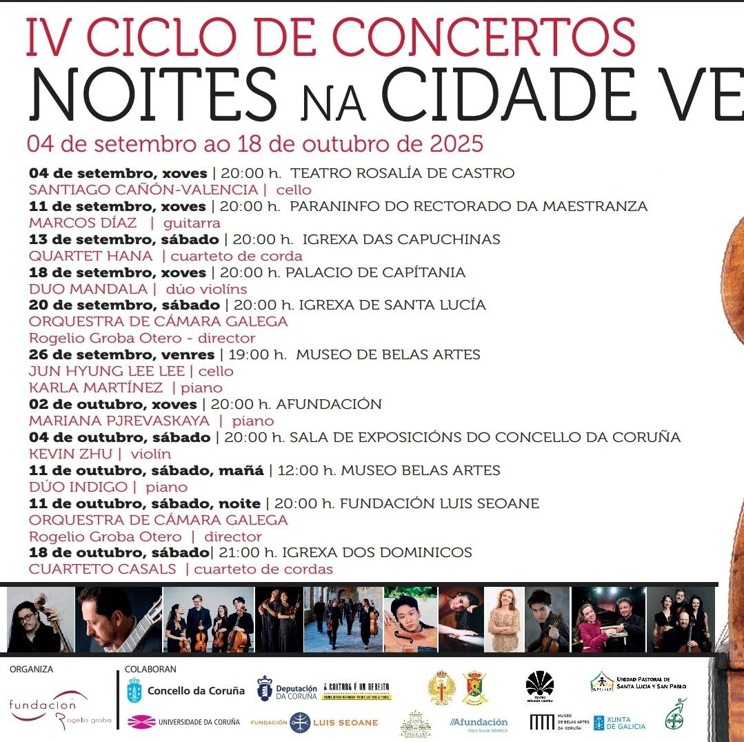Hola de nuevo, sonceller@os. Este post es para recomendaros conciertos. En primer lugar os dejamos el enlace a toda la información del concierto que se celebrará en Vigo el 20 de septiembre, organizado por la Orquesta Vigo 430, y en el que partipará el violonchelista Yibai Chen, laureado en el Concurso Queen Elisabeth. Además os recordamos, que en el ciclo de conciertos "Noites na Cidade Vella", el 4 de septiembre, en el teatro Rosalía de Castro, toca nada menos que Santiago Cañón, y el 26 de septiembre, en el museo de Bellas Artes, Jun Hyung Lee como ganador del primer premio de la categoría Popper en el último concurso Soncello. Un mes de septiembre cargado de citas interesantísimas. 👋👋
https://vigo430.com/concerto/f1-20-de-setembro-monologos-e-dialogos/
_________________________________________________
Ola de novo, sonceller@os. Este post é para recomendarvos concertos. En primeiro lugar deixámosvos a ligazón a toda a información do concerto que se celebrará en Vigo o 20 de setembro, organizado pola Orquestra Vigo 430, e no que partipará o violonchelista Yibai Chen, laureado no Concurso Queen Elisabeth. Ademais lembrámosvos, que no ciclo de concertos "Noites na Cidade Vella", o 4 de setembro, no teatro Rosalía de Castro, toca nada menos que Santiago Cañón, e o 26 de setembro, no museo de Belas Artes, Jun Hyung Le como gañador do primeiro premio da categoría Popper no último concurso Soncello. Un mes de setembro cargado de citas interesantísimas. 👋👋
https://vigo430.com/concerto/f1-20-de-setembro-monologos-e-dialogos/