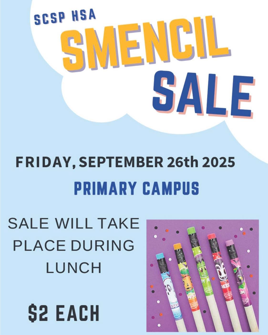 HSA is sponsoring a Smencil sale at the Primary Campus on Friday, September 26th! It will take place at lunch time and they are $2 each!💙💛✏️